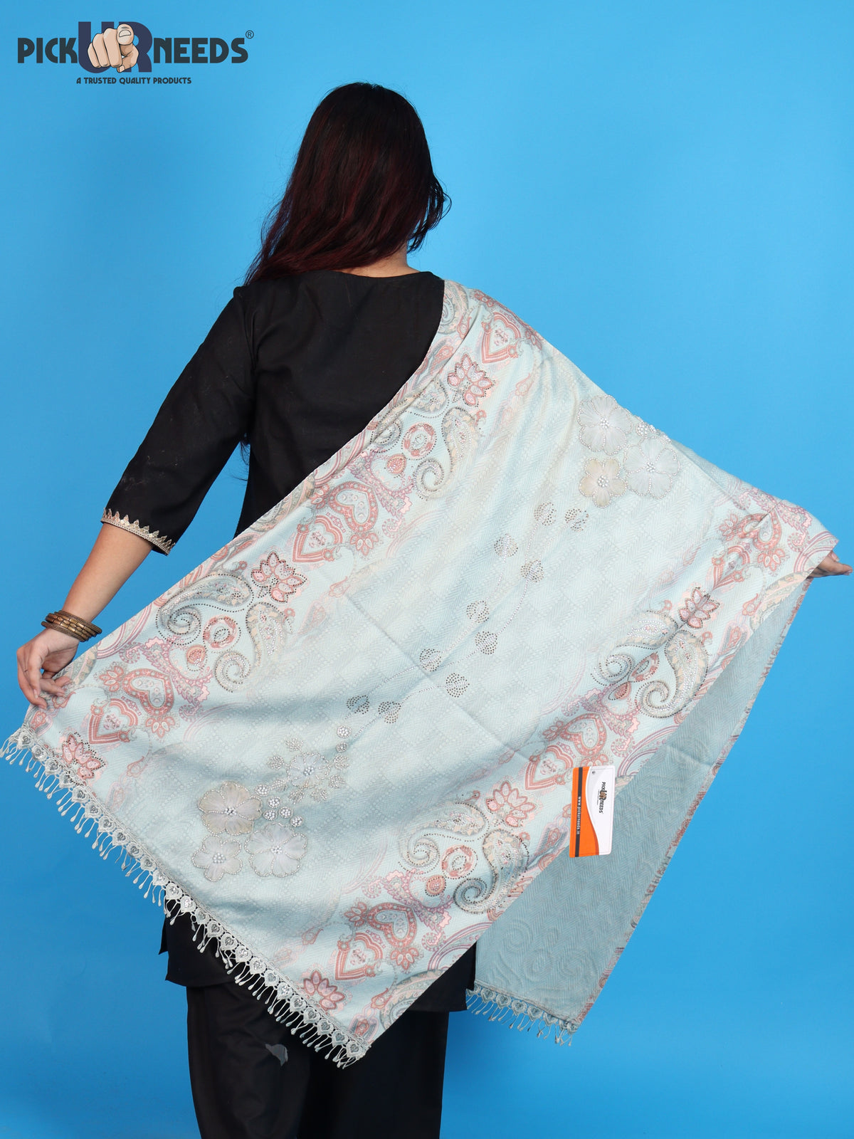 Pick Ur Needs Womens Designer Winter Elegant Floral Embellished Paisley Print Girls Shawl with Decorative Fringe Border