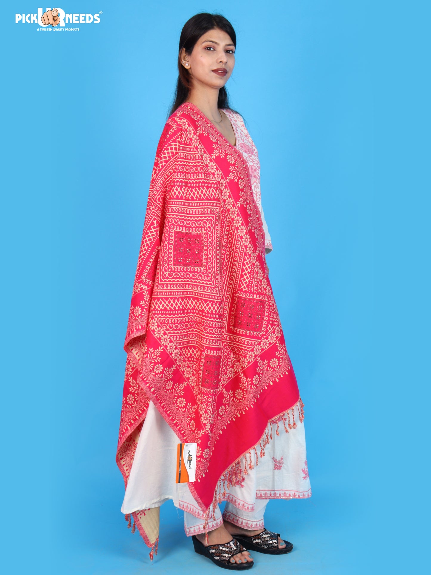 Pick Ur Needs Womens Elegant Embroidered Pattern Shawl Statement Wrap with Artistic Motif Work & Fringe Detailing Girls Stole for Ethnic and Casual Styling