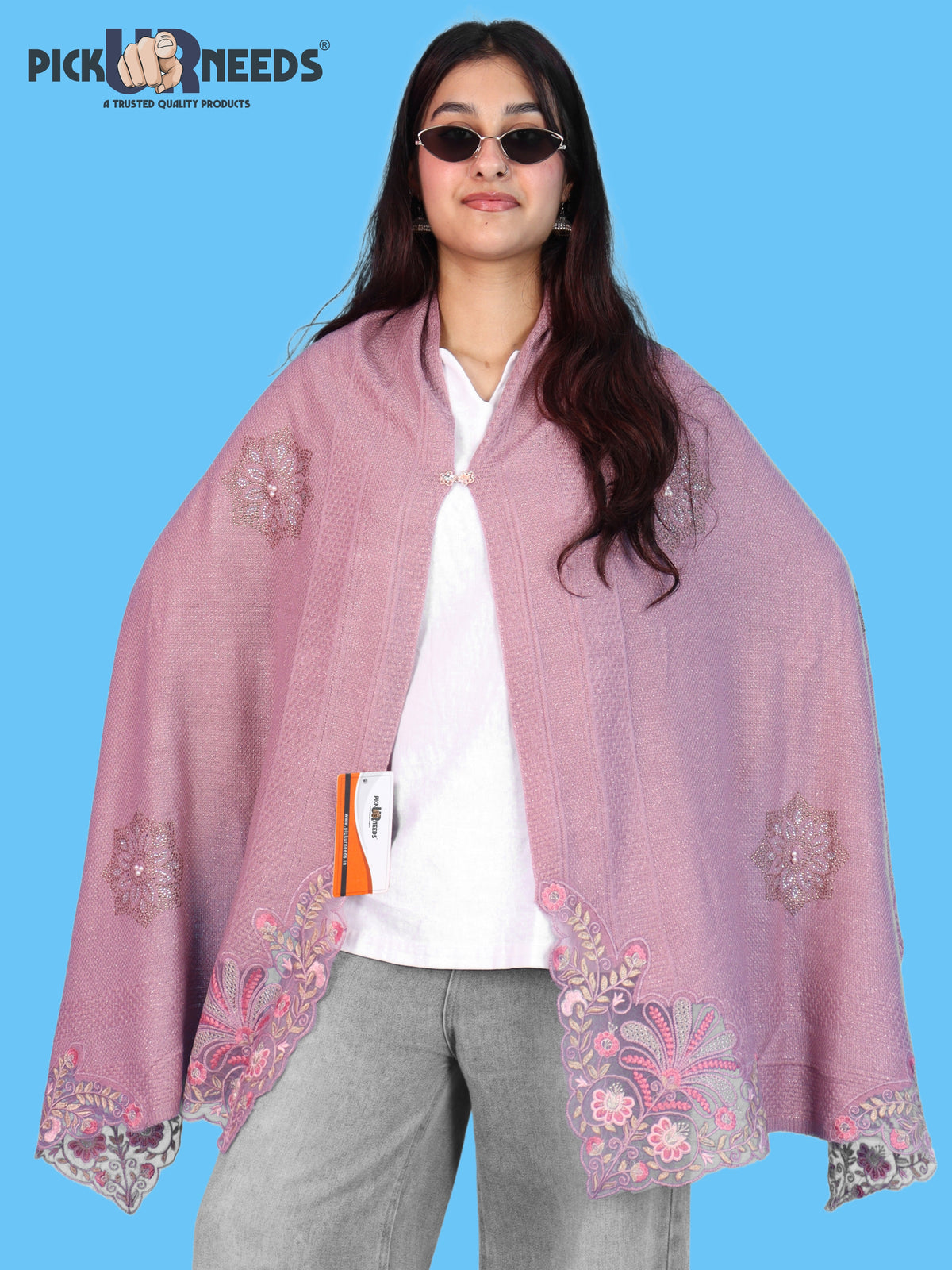 Pick Ur Needs Women & Girls Knitted Woolen Shawl Net Work Floral Border Multi-Style Poncho Shrug Wrap for Wedding Party & Special Occasions