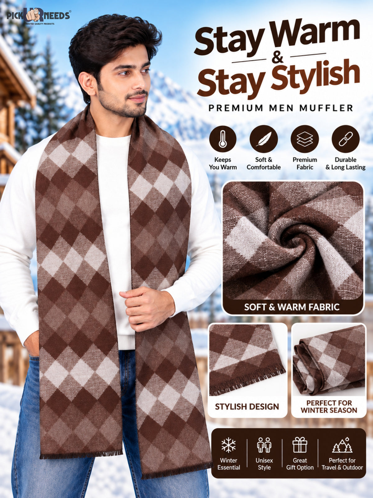 Pick Ur Needs Premium Winter Muffler for Men & Boys Soft & Warm Checkered Design Woolen Style Scarf Stylish Long Neck Wrap for Winter Wear