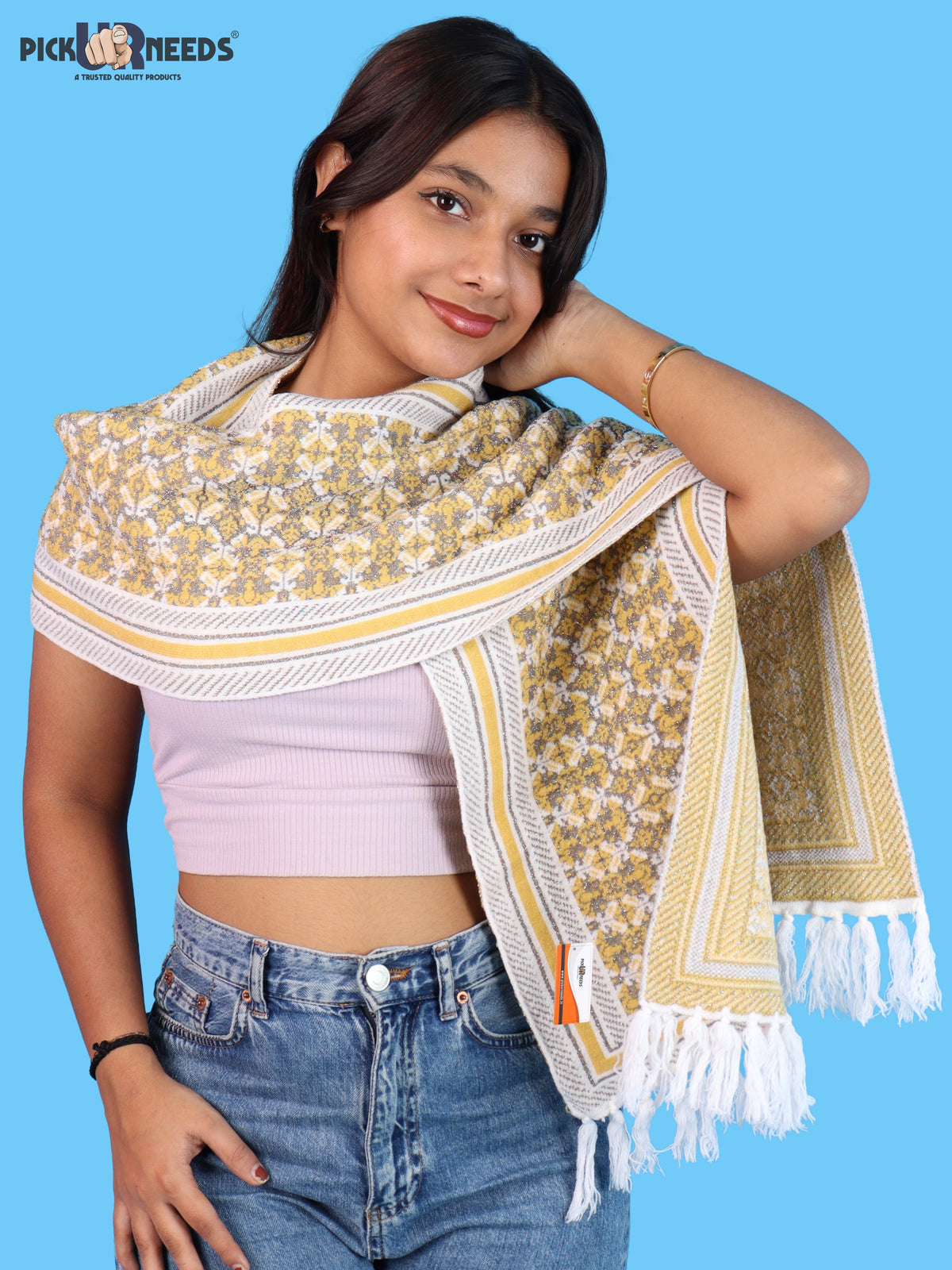 Pick Ur Needs Womens & Girls Super Soft Knitted Woolen Muffler Warm Winter Neck Scarf with Elegant Printed Design & Tassels