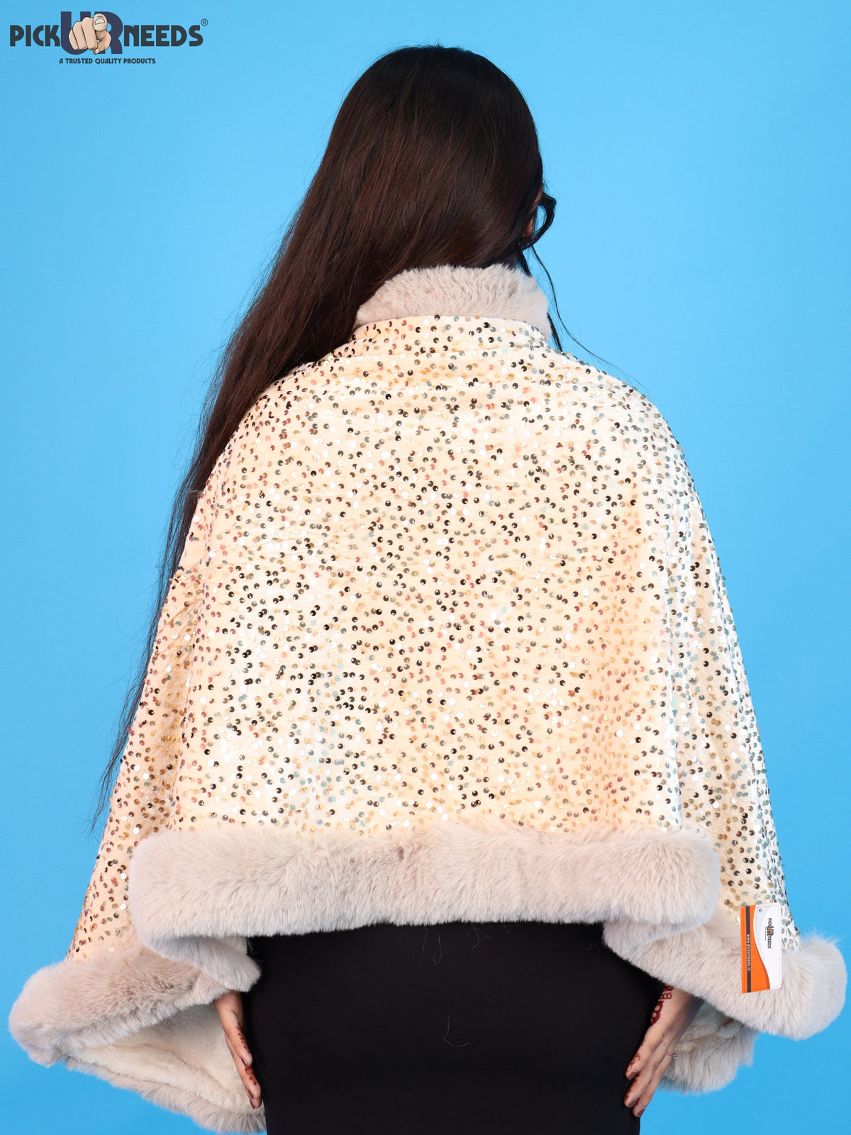Pick Ur Needs Luxury Shrug for Women Sequin Outerwear with Soft Fur Collar Shawl Evening Wrap Poncho