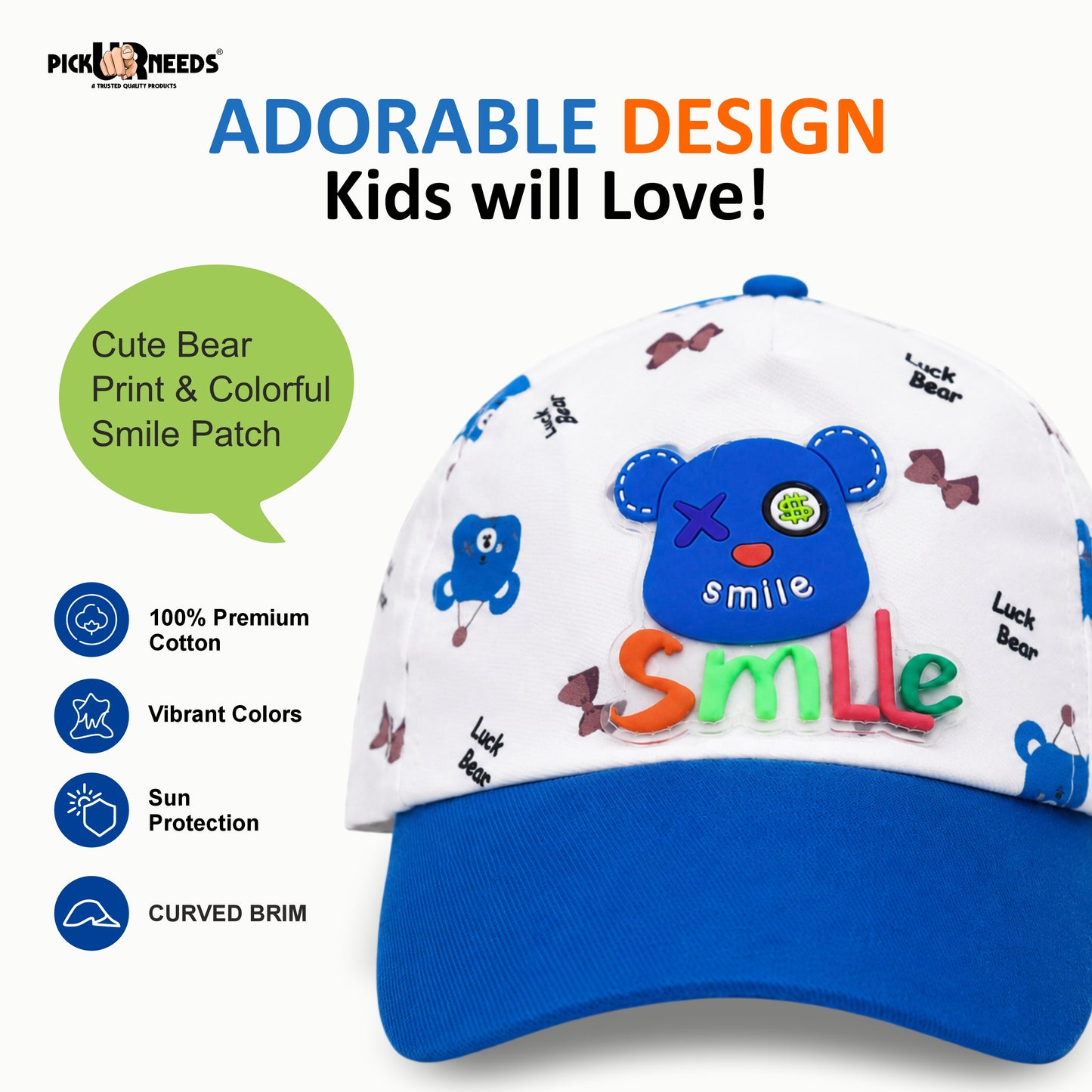 Pick Ur Needs Cute Smile Bear Kids Baseball Cartoon Printed Adjustable Cap for Boys & Girls Lightweight Hat