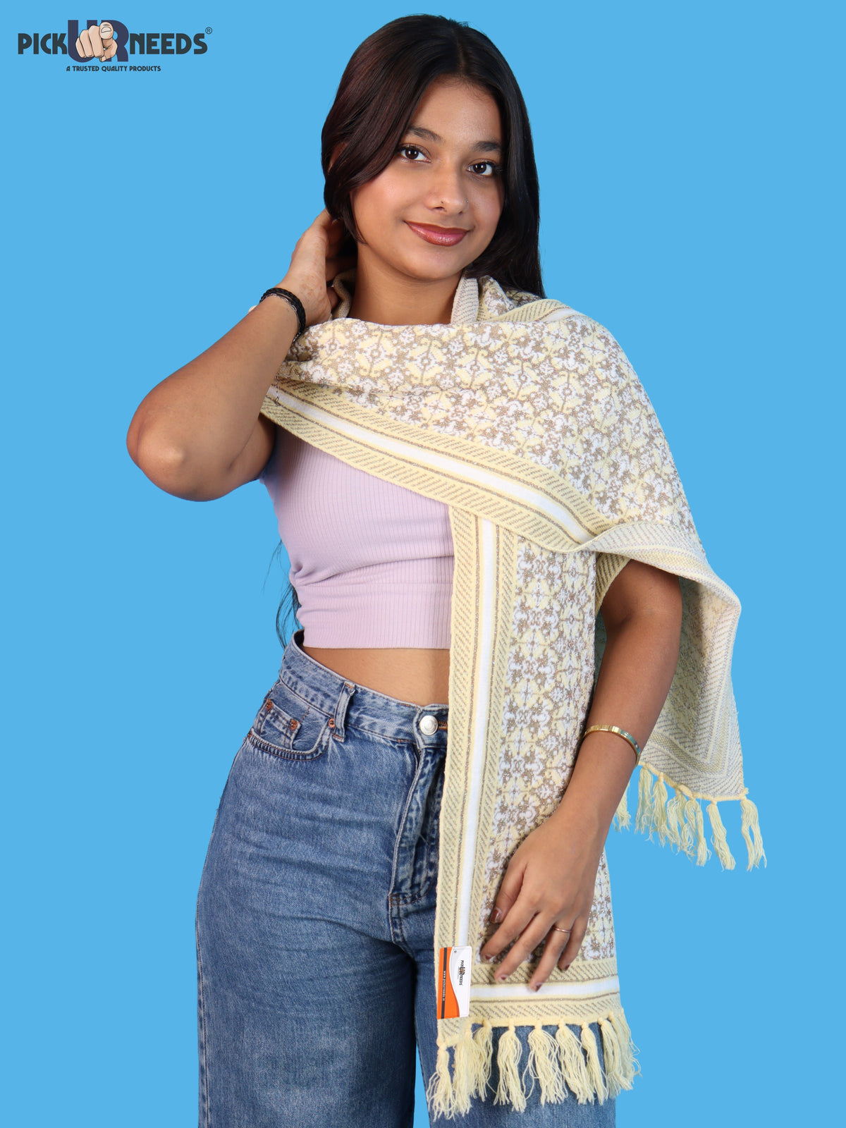 Pick Ur Needs Womens & Girls Super Soft Knitted Woolen Muffler Warm Winter Neck Scarf with Elegant Printed Design & Tassels
