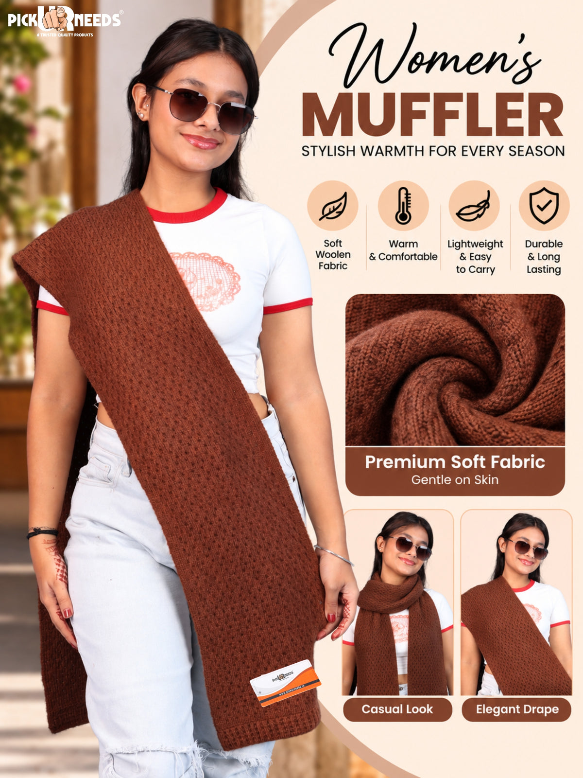 Pick Ur Needs Womens Soft Muffler Scarf, Lightweight Knitted Winter Stole, Warm & Cozy Long Neck Wrap for Women & Girls