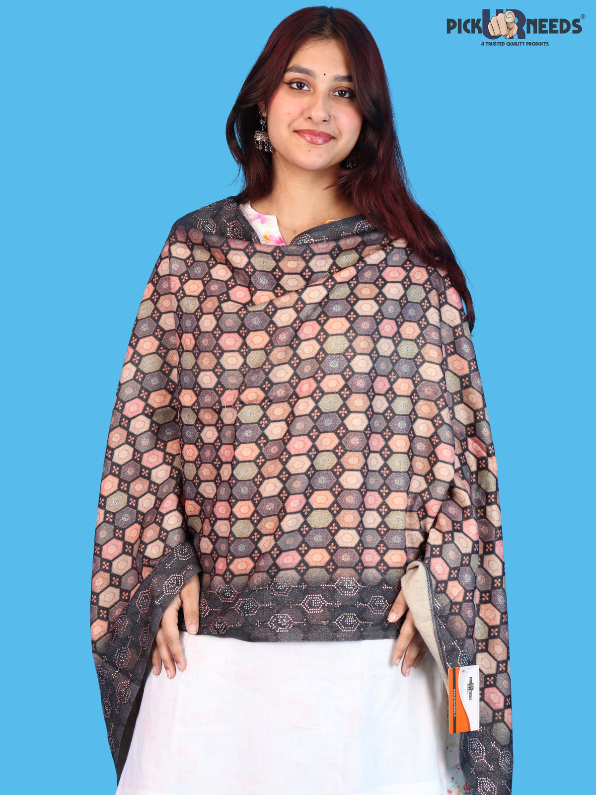 Pick Ur Needs Premium Stylish Womens & Girls Elegant Woolen Shawl Soft Warm Printed Stole with Lace Tassels