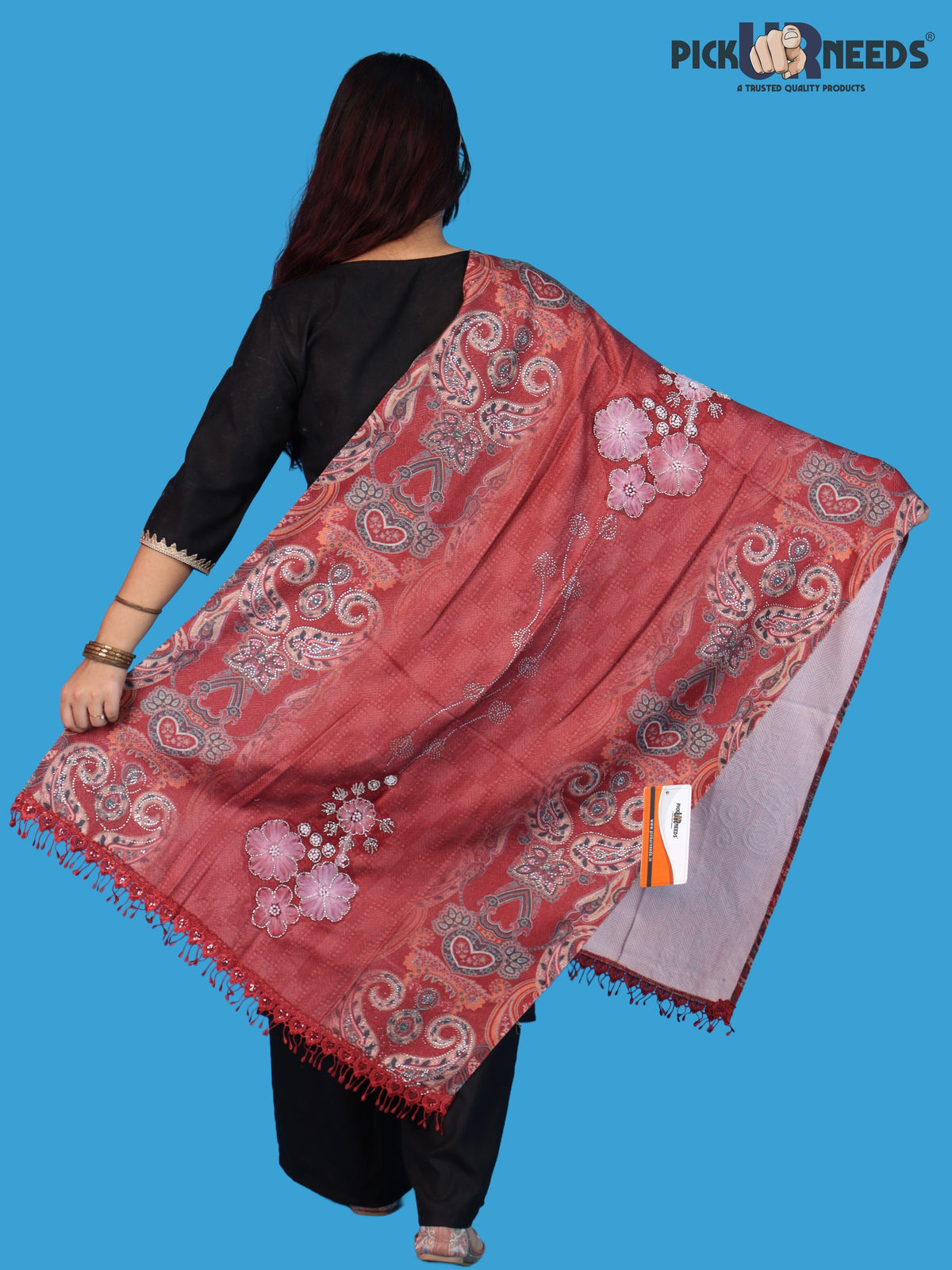 Pick Ur Needs Womens Designer Winter Elegant Floral Embellished Paisley Print Girls Shawl with Decorative Fringe Border