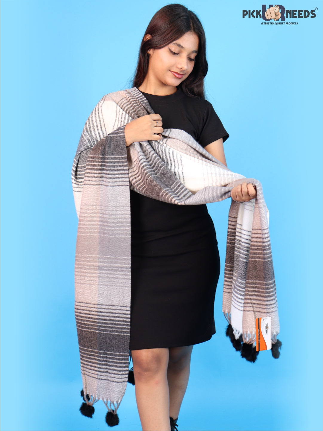 Pick Ur Needs Women & Girls Winter Shawl Soft Warm Striped Pattern Shawl with Tassel & Pom Pom Border Stylish Ladies Winter Wrap