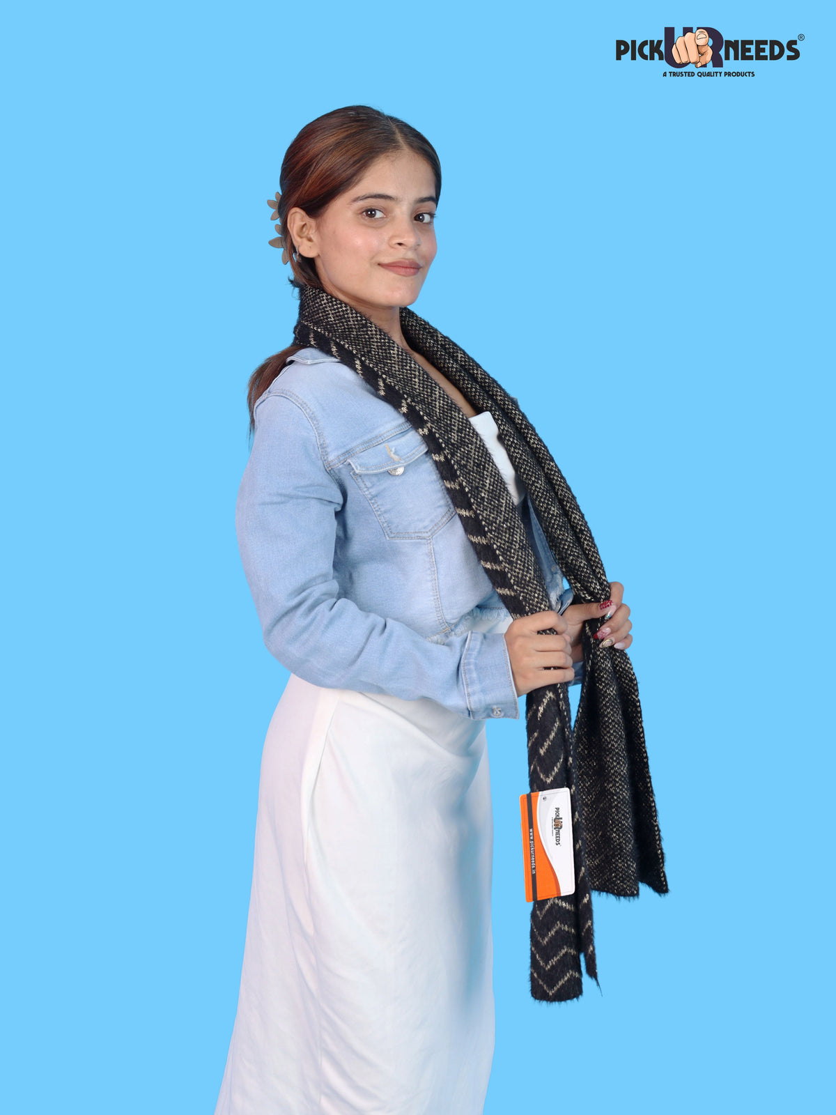 Pick Ur Needs Premium Woolen Winter Muffler with Gold Zigzag Pattern | Soft, Warm & Stylish Scarf for Women