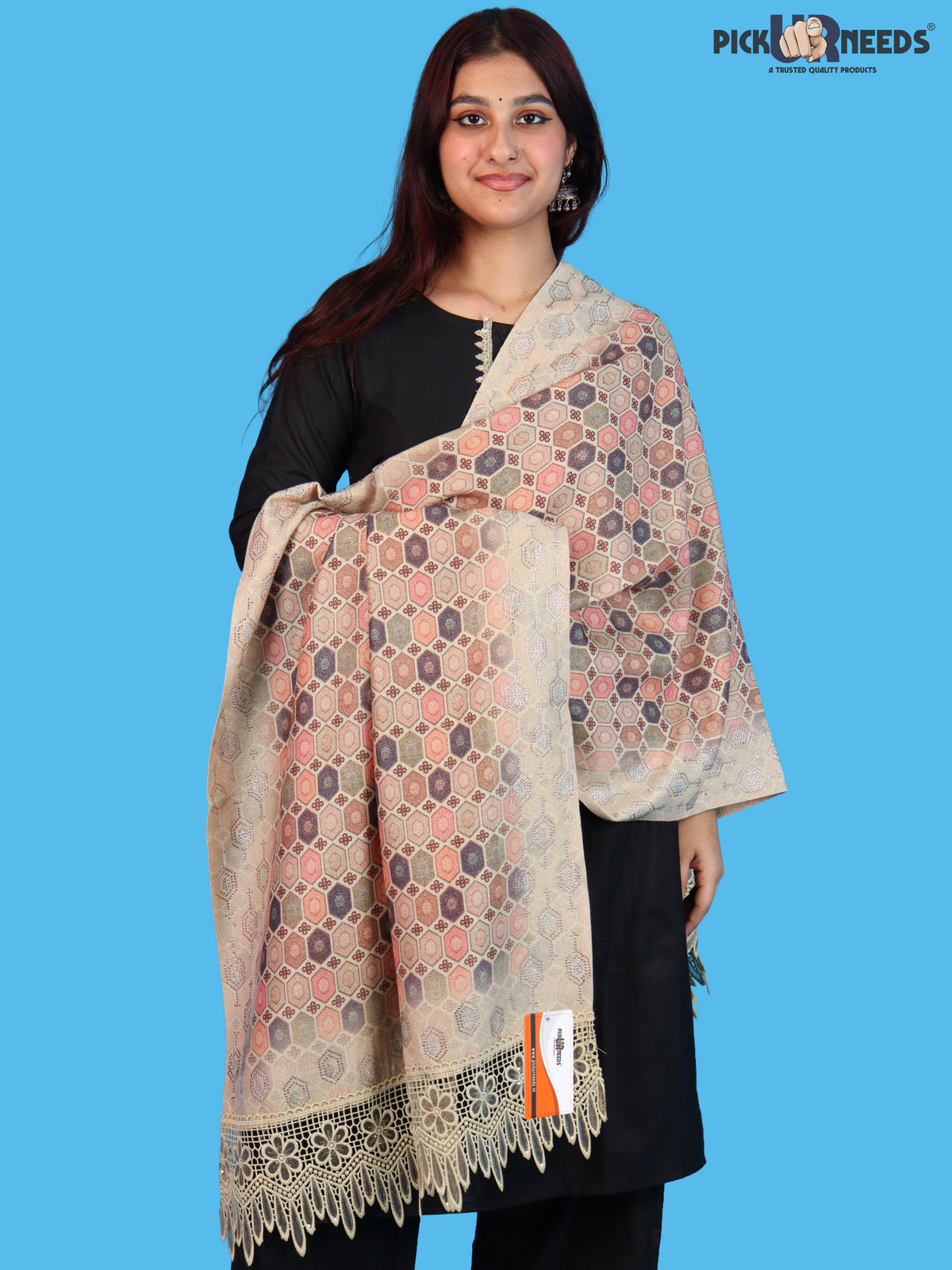 Pick Ur Needs Premium Stylish Womens & Girls Elegant Woolen Shawl Soft Warm Printed Stole with Lace Tassels