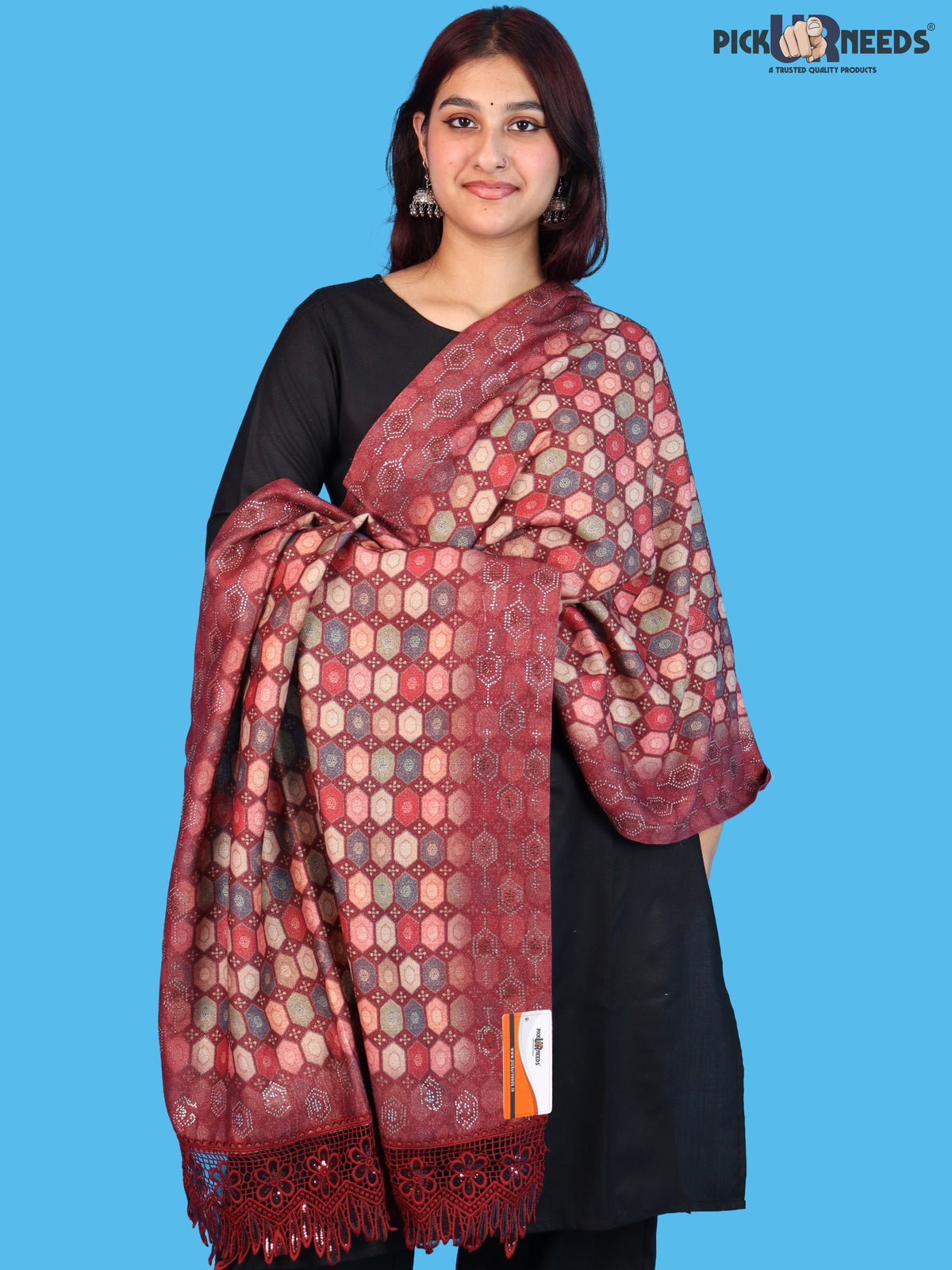Pick Ur Needs Premium Stylish Womens & Girls Elegant Woolen Shawl Soft Warm Printed Stole with Lace Tassels