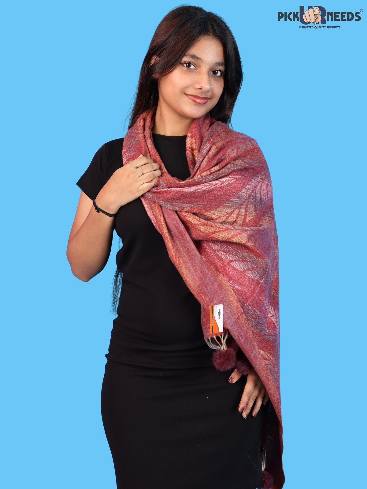 Pick Ur Needs Womens Designer Woolen Shawl & Stole with Elegant Leaf Pattern and Pom Pom Tassels, Winter Soft Warm Lightweight Winter Wrap