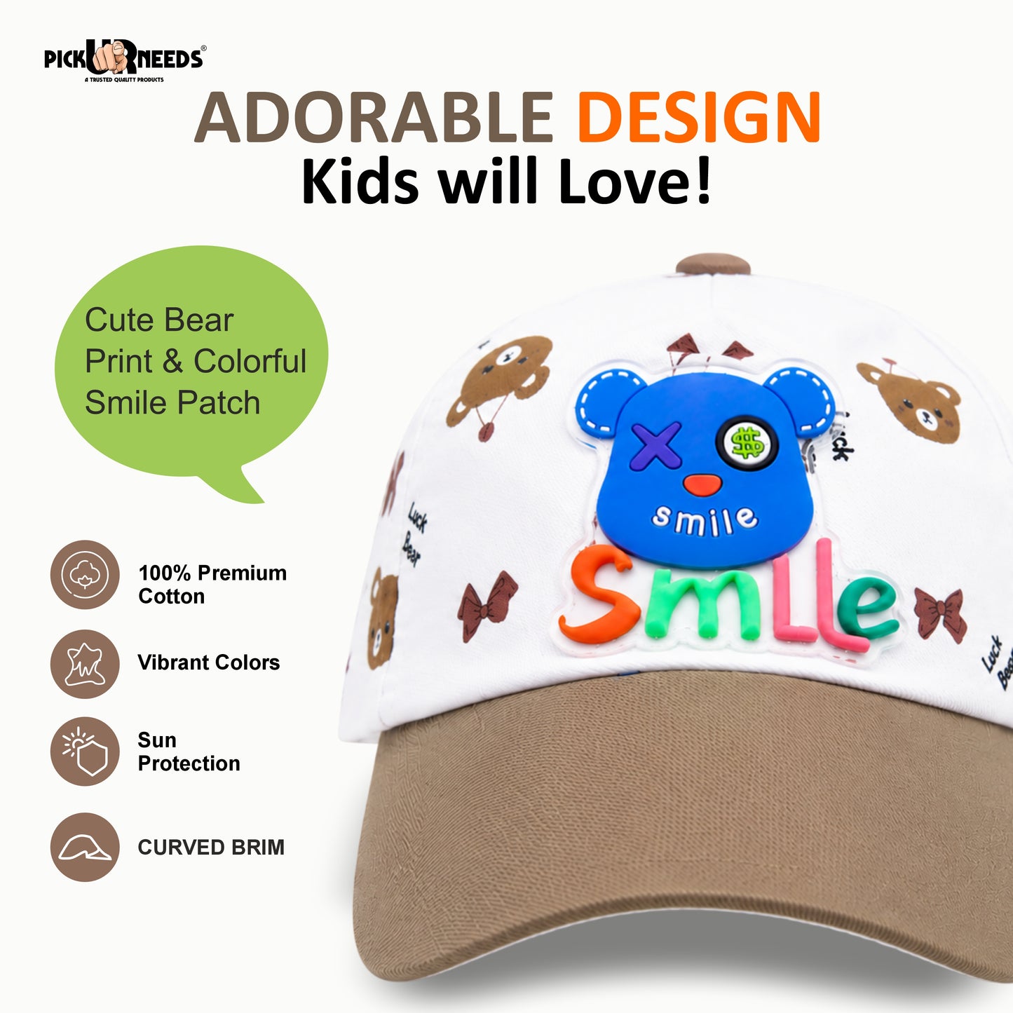 Pick Ur Needs Cute Smile Bear Kids Baseball Cartoon Printed Adjustable Cap for Boys & Girls Lightweight Hat