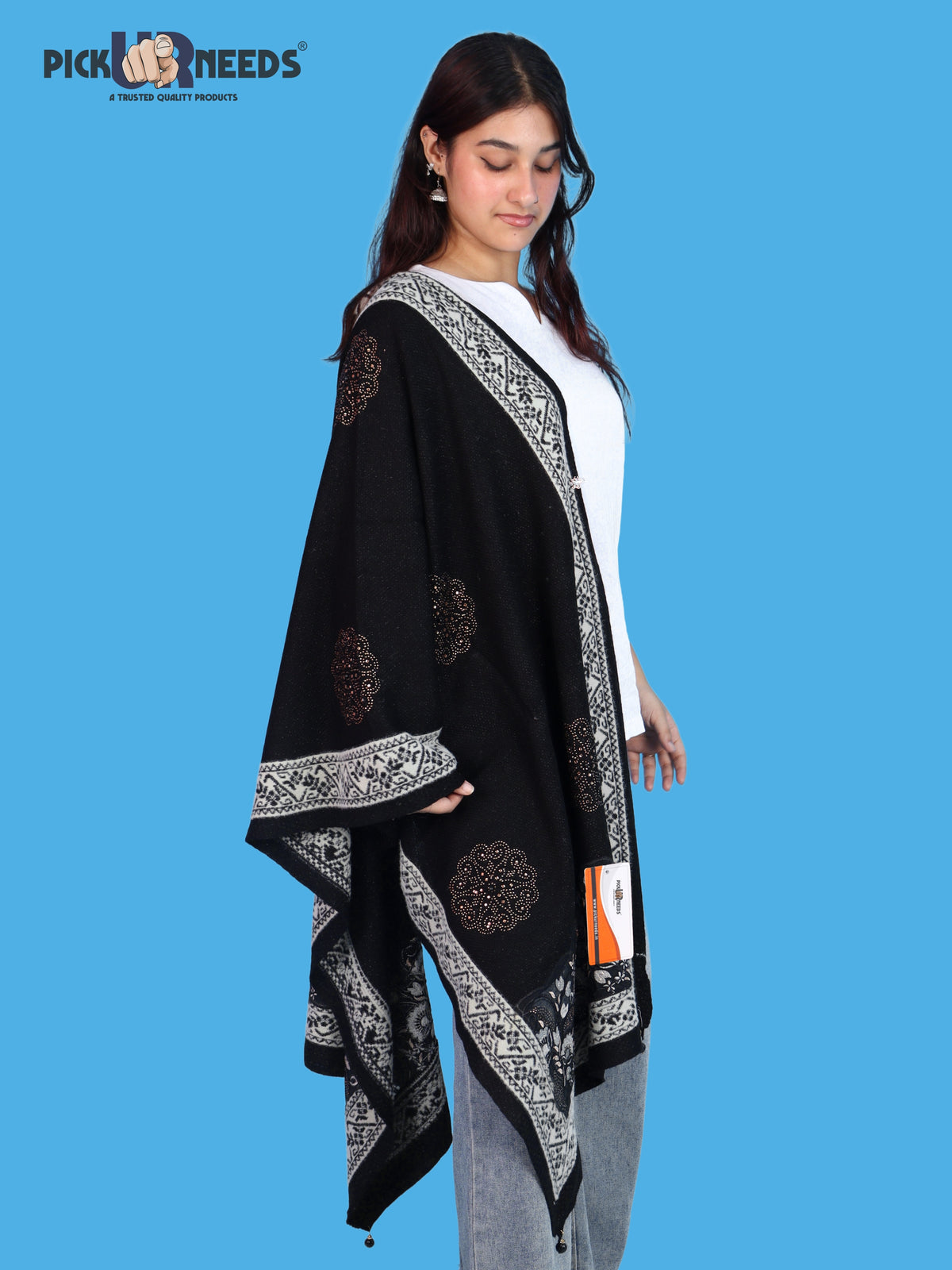 Pick Ur Needs Women Winter Shawl with Net Work Border Shrug & Poncho Style Elegant Winter Wear for Party