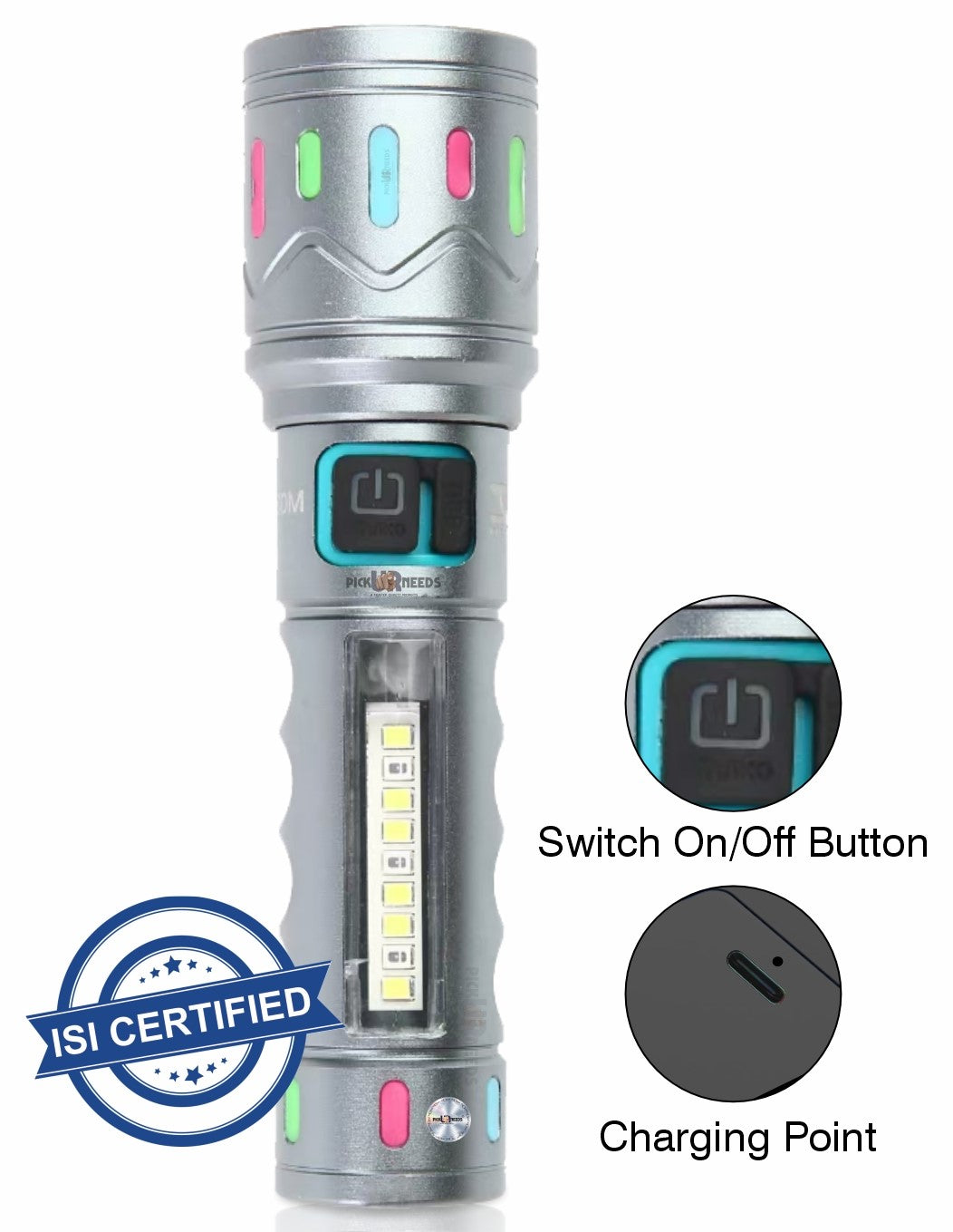 Pick Ur Needs Rechargeable 100W Small Search Metal Torch+3 Brightness Mode+Side RWB COB LED 3 hrs Torch Emergency Light
