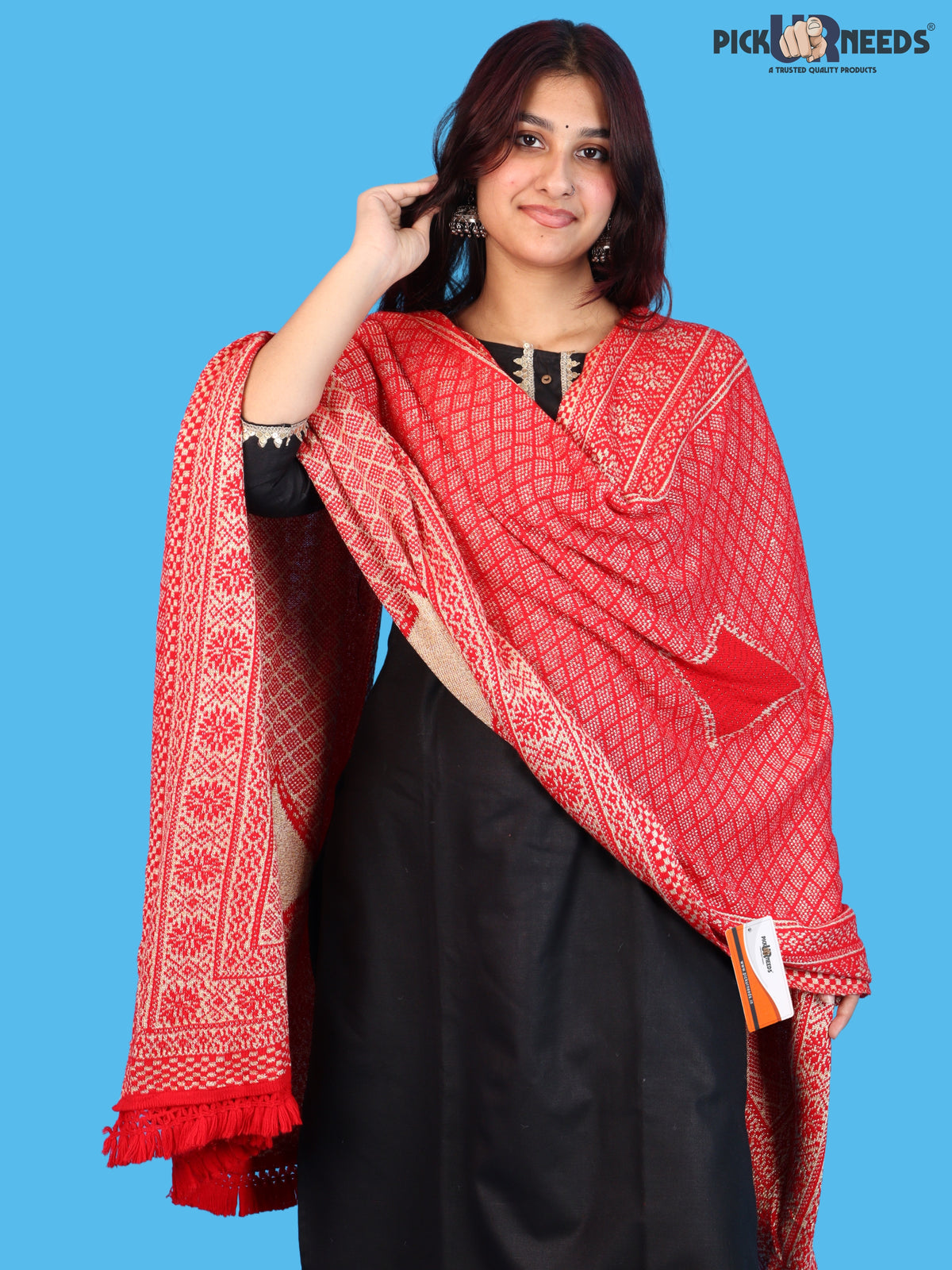 Pick Ur Needs Women & Girls Designer Shawl Stole with Elegant Woven Floral & Geometric Pattern, Soft Warm Winter Wrap with Fringed Border, Stylish Shoulder Scarf for Ladies