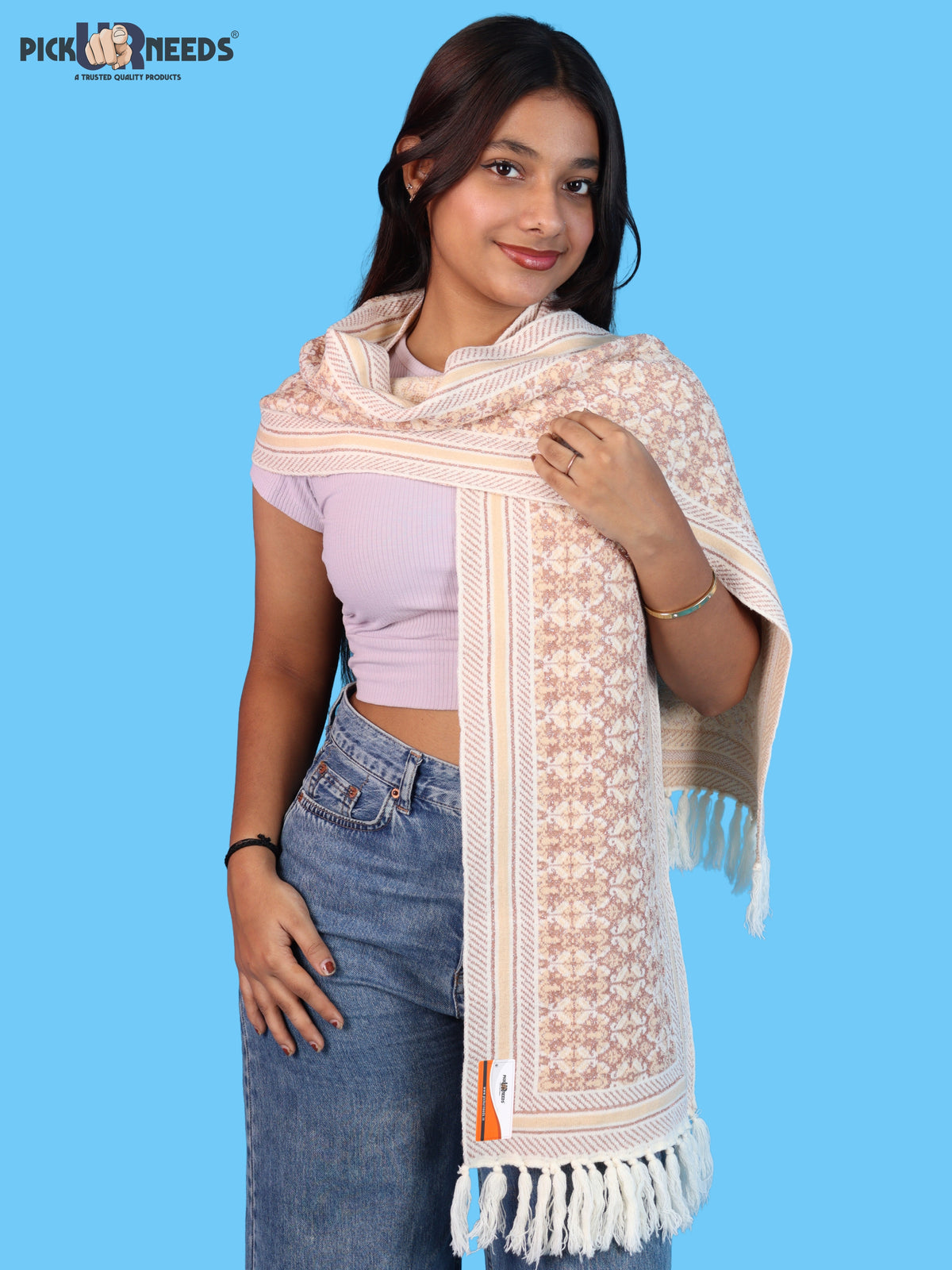Pick Ur Needs Womens & Girls Super Soft Knitted Woolen Muffler Warm Winter Neck Scarf with Elegant Printed Design & Tassels