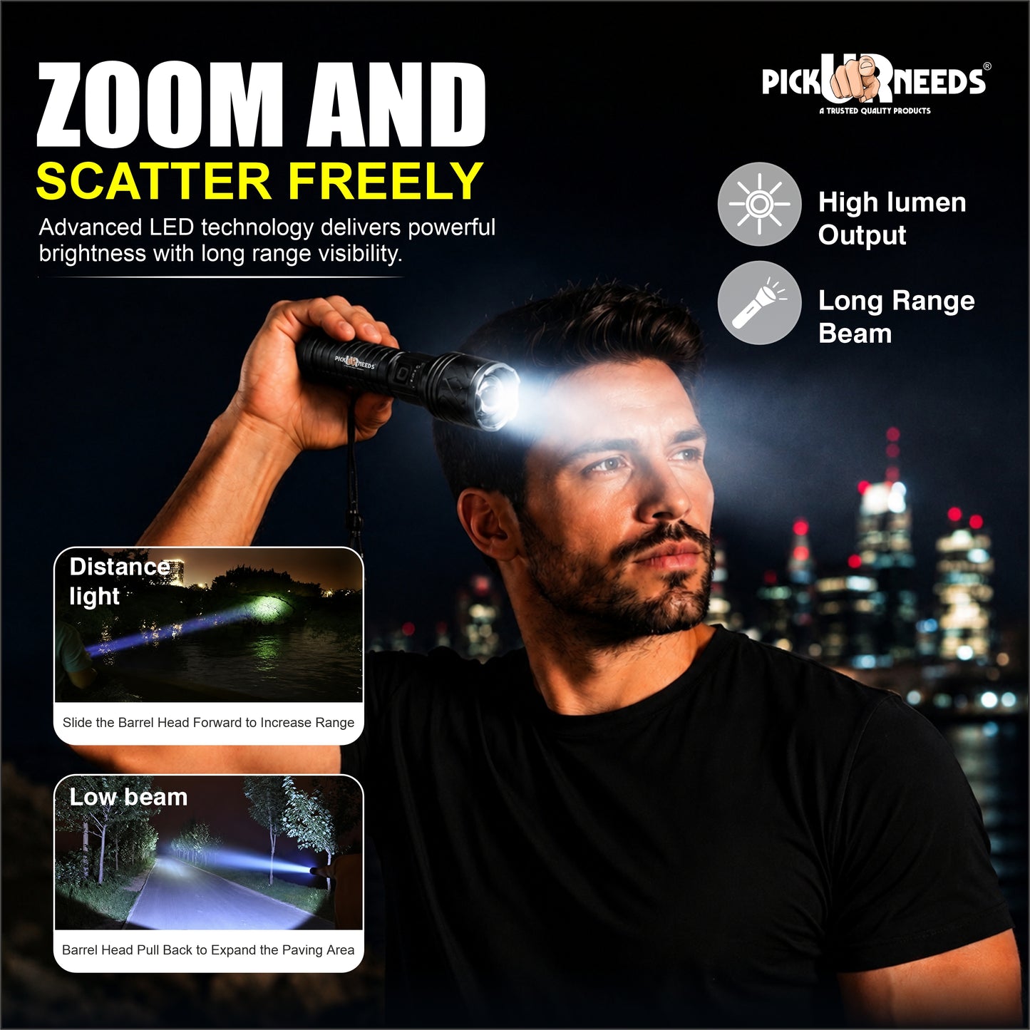 Pick Ur Needs High Power Rechargeable Metal Torch Light with 4000mAh Battery 4 Lighting Modes Portable LED Searchlight for Camping & Emergency