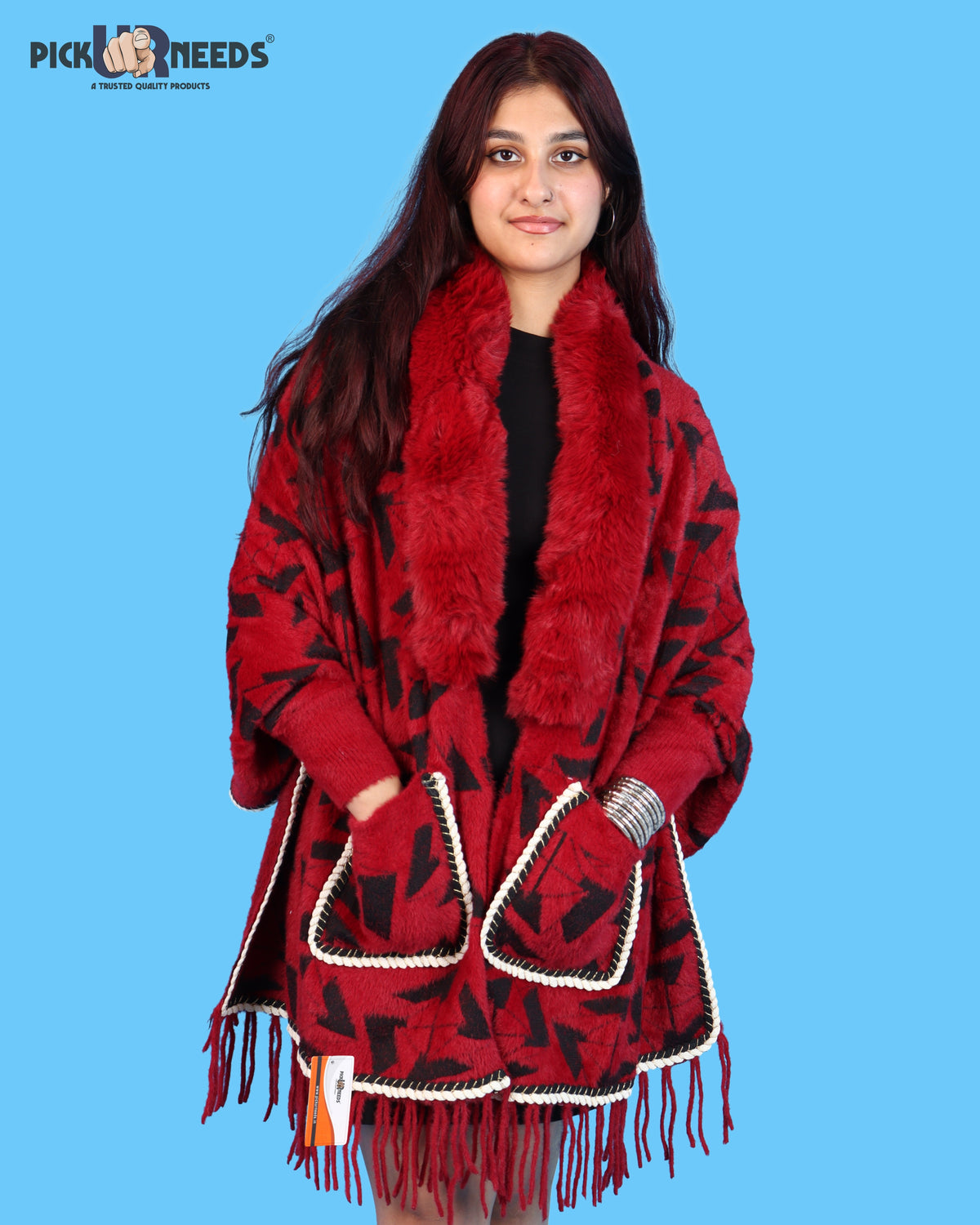 Pick Ur Needs Womens Warm Woolen Girls Shawl with Fur Collar, Elegant Printed Winter Wrap with Decorative Border & Tassel, Stylish Shoulder Stole for Wedding Party