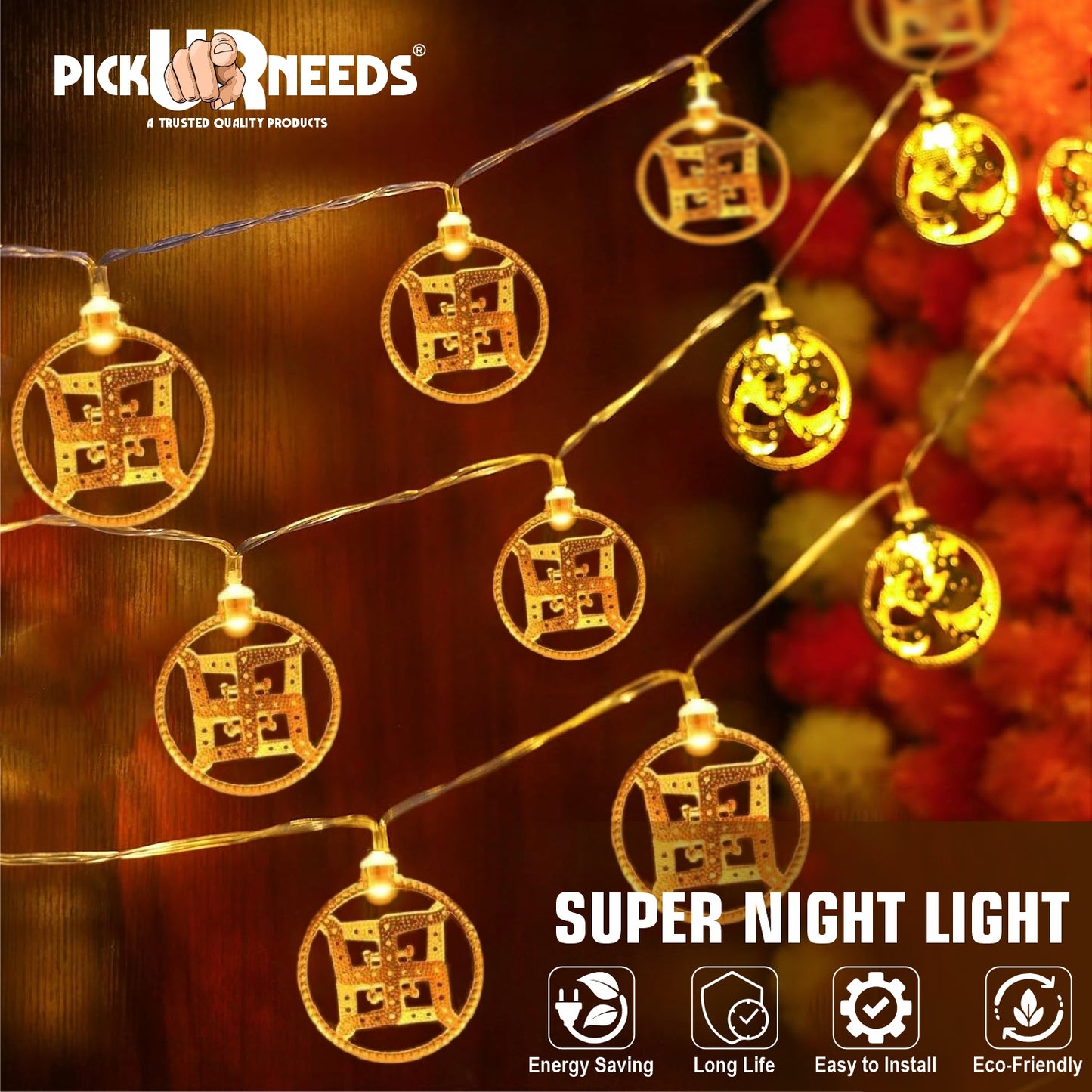 Pick Ur Needs Diwali String Lights Swastik Metal Hanging Lights, Warm White Round 3D Ceiling Lamp