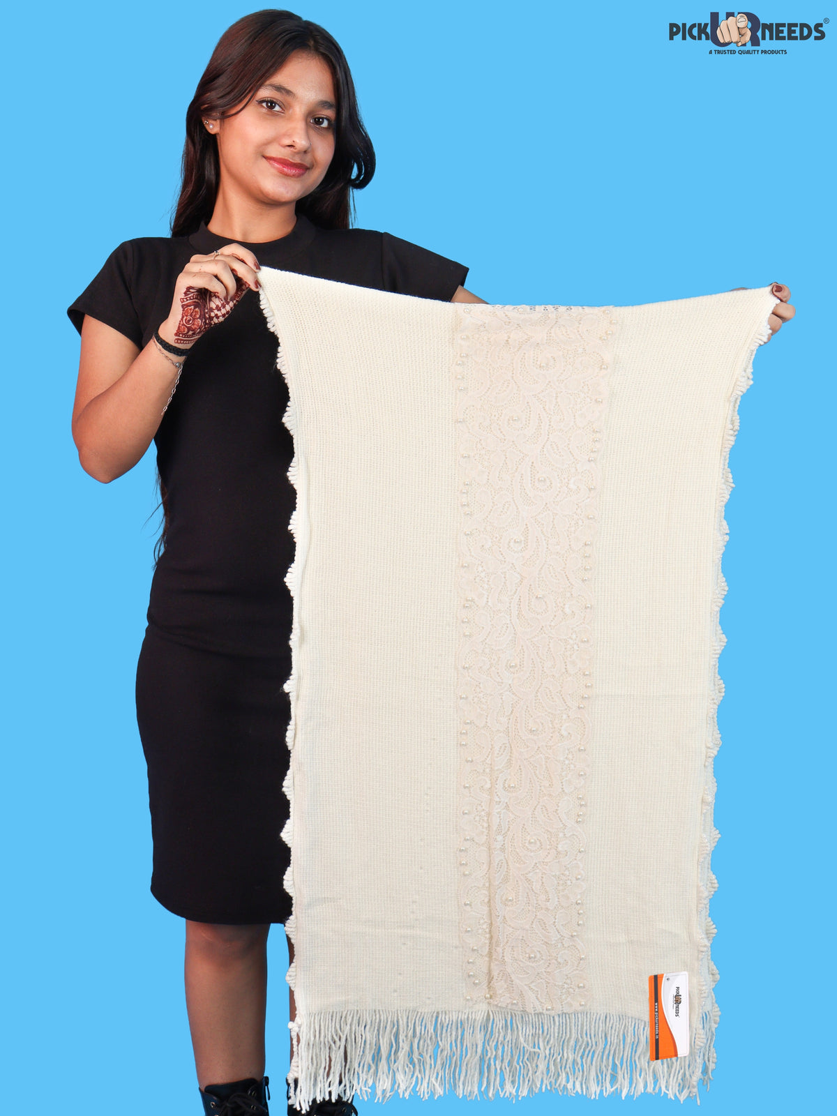 Pick Ur Needs Girls & Womens Shawl with Embroidered Lace Work, Bead Detailing and Fringe Tassels, Elegant Woollen Winter Stole