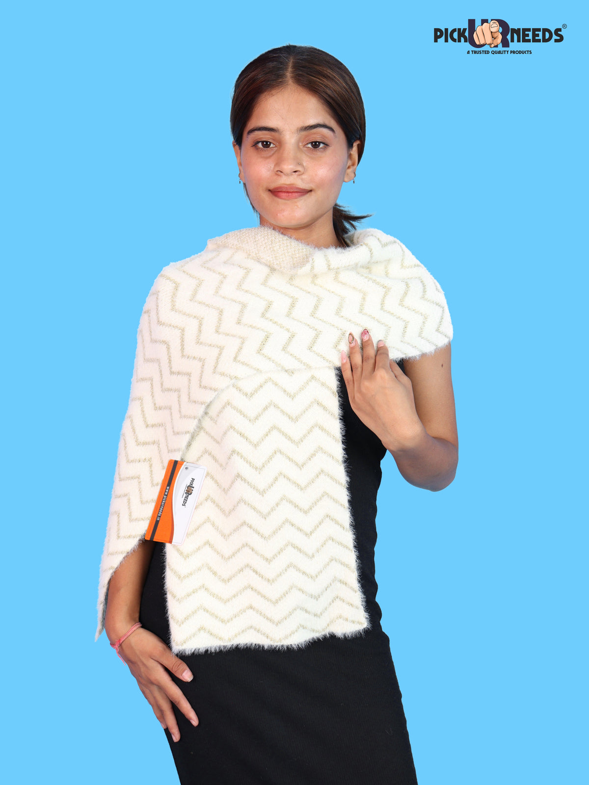 Pick Ur Needs Premium Woolen Winter Muffler with Gold Zigzag Pattern | Soft, Warm & Stylish Scarf for Women