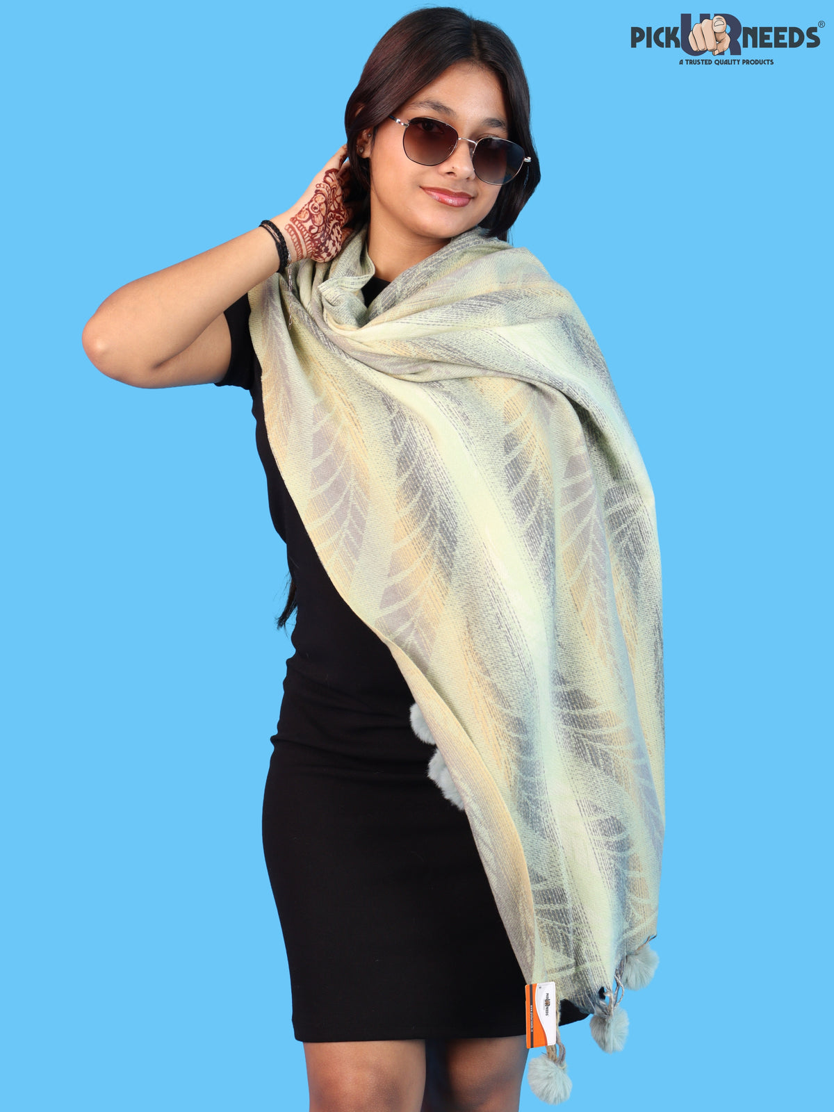 Pick Ur Needs Womens Designer Woolen Shawl & Stole with Elegant Leaf Pattern and Pom Pom Tassels, Winter Soft Warm Lightweight Winter Wrap