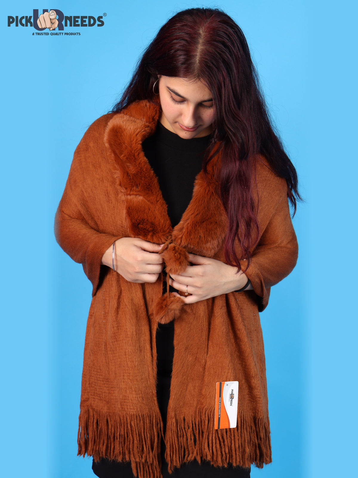 Pick Ur Needs Womens Faux Fur Collar Shrug with Pom Pom Tie Shawl Elegant Fringed Winter Wrap for Women & Girls