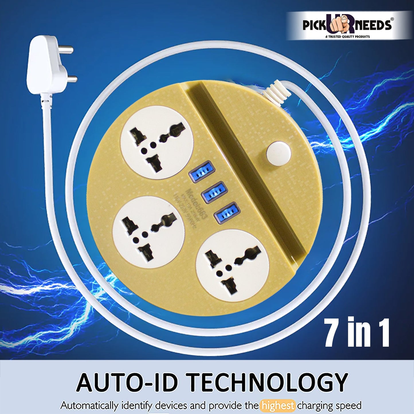 Pick Ur Needs Extension Cord Board with 3 USB Charging Ports and 3 Socket -10 Amp Heavy Duty for Multiple Devices Smartphone Tablet Laptop