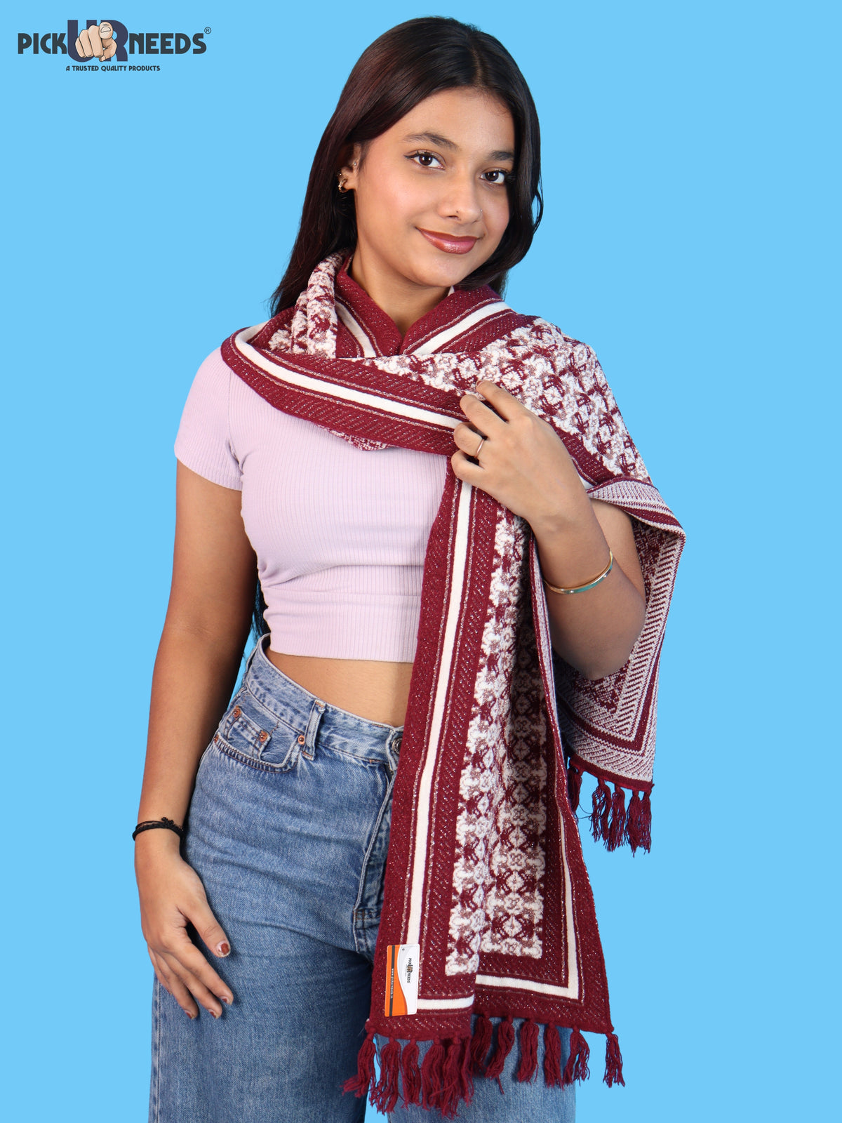 Pick Ur Needs Womens & Girls Super Soft Knitted Woolen Muffler Warm Winter Neck Scarf with Elegant Printed Design & Tassels