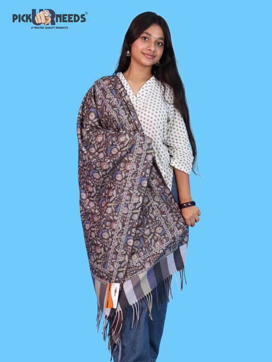 Pick Ur Needs Women’s Floral Printed Wool Blend Shawl with Decorative Border & Fringed Ends