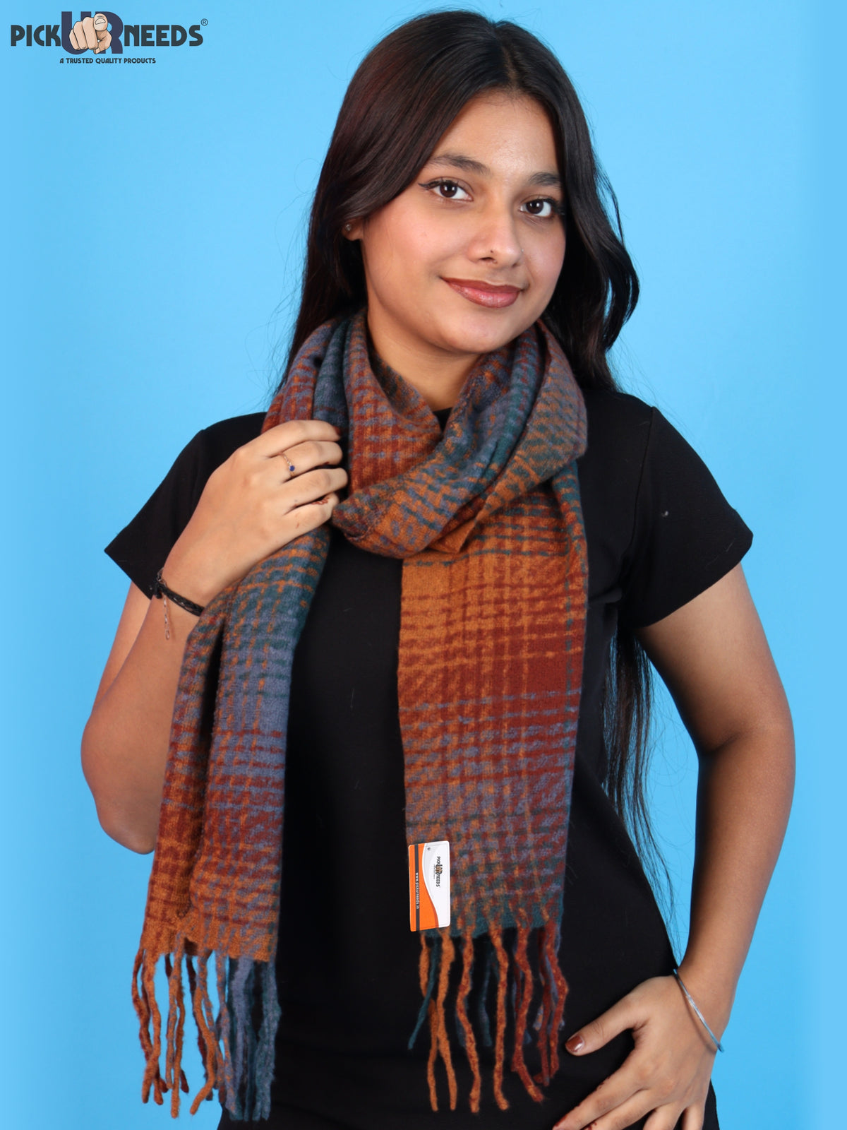 Pick Ur Needs Soft Woolen Girl's Muffler Scarf with Elegant Check Pattern,Warm & Cozy Winter Neck Wrap, Stylish Fringed Stole for Women & Girls