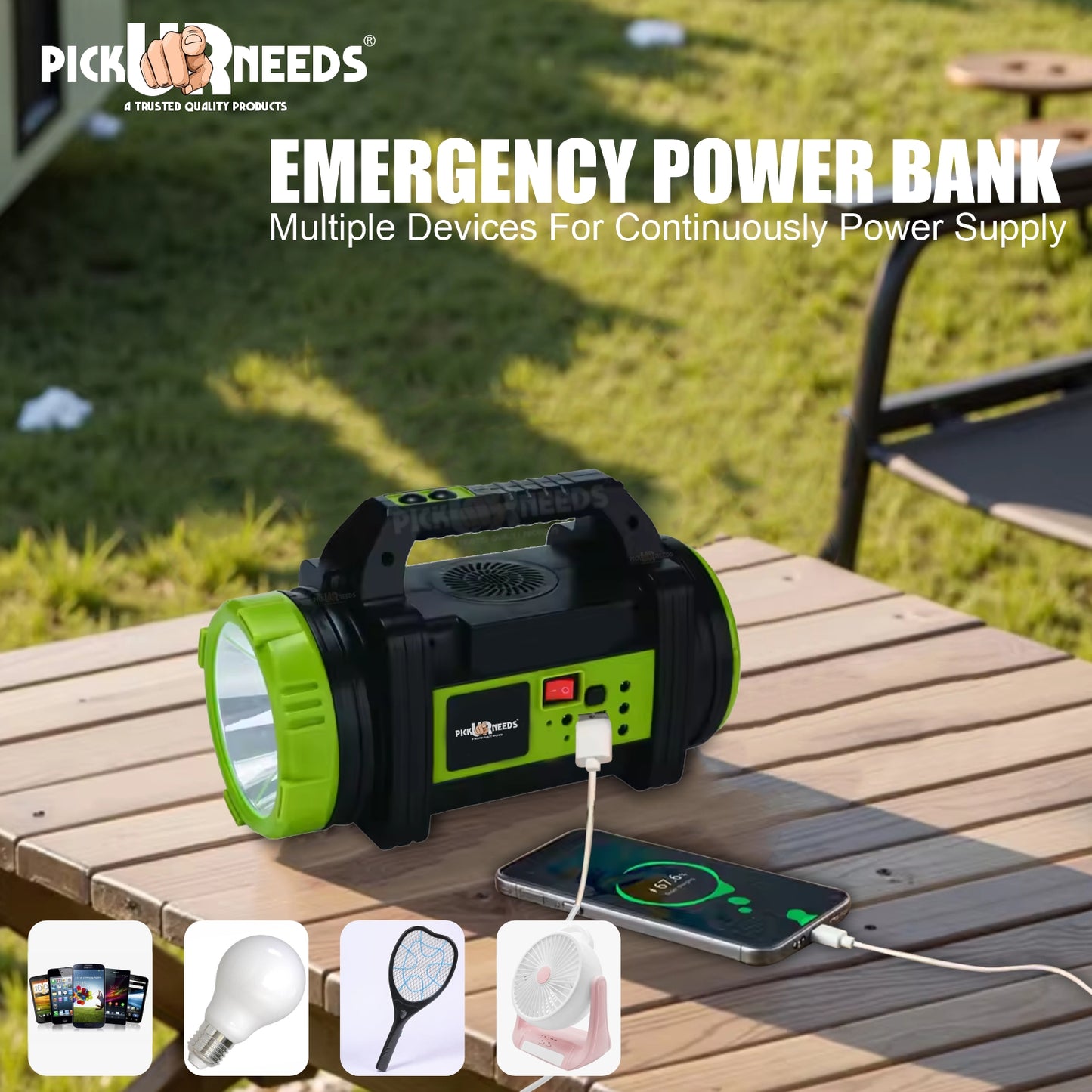 Pick Ur Needs Rechargeable 200W Portable Solar Inverter Kit Emergency Long Range Torch Light with Attach Fan, 3 Bulbs 6000mAh Battery