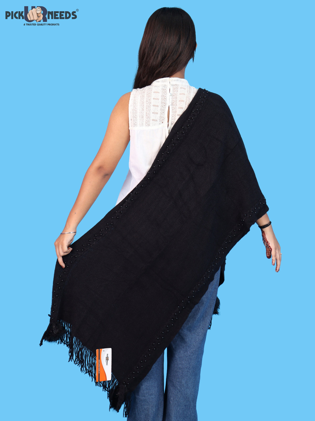 Pick Ur Needs Women & Girls Elegant Woolen Shawl with Beaded Border & Fringed Ends, Soft Warm Lightweight Winter Wrap Stole