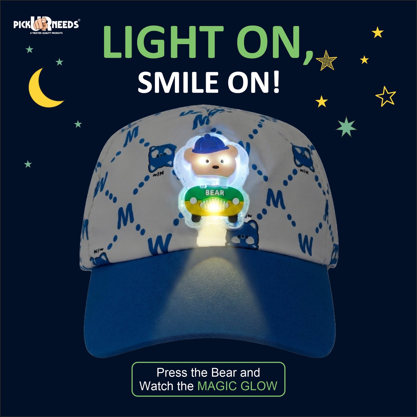 Pick Ur Needs Kids Baseball Cap with Cute Bear LED Light Design Comfort Fit for Boys & Girls Adjustable Buckle
