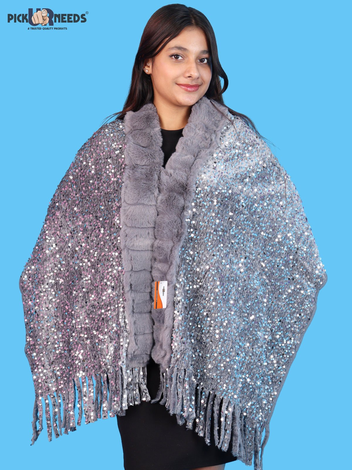 Pick Ur Needs Premium Winter Women Shawl with Shimmering Sequin Work & Soft Fur Border Elegant Warm Designer Shawls with Fringe Tassels for Ladies & Girls