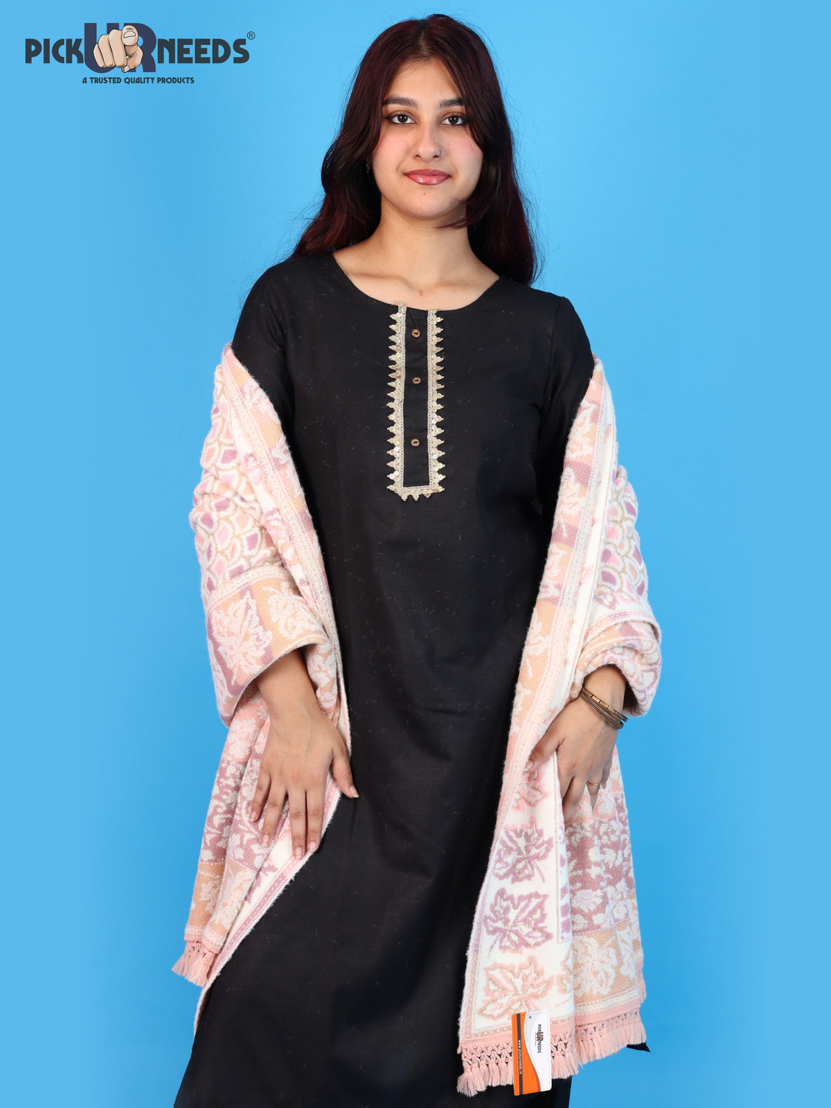 Pick Ur Needs Womens & Girls Winter Premium Shawl Floral Patterned Wool Blend Wrap with Decorative Border & Fringe Finish
