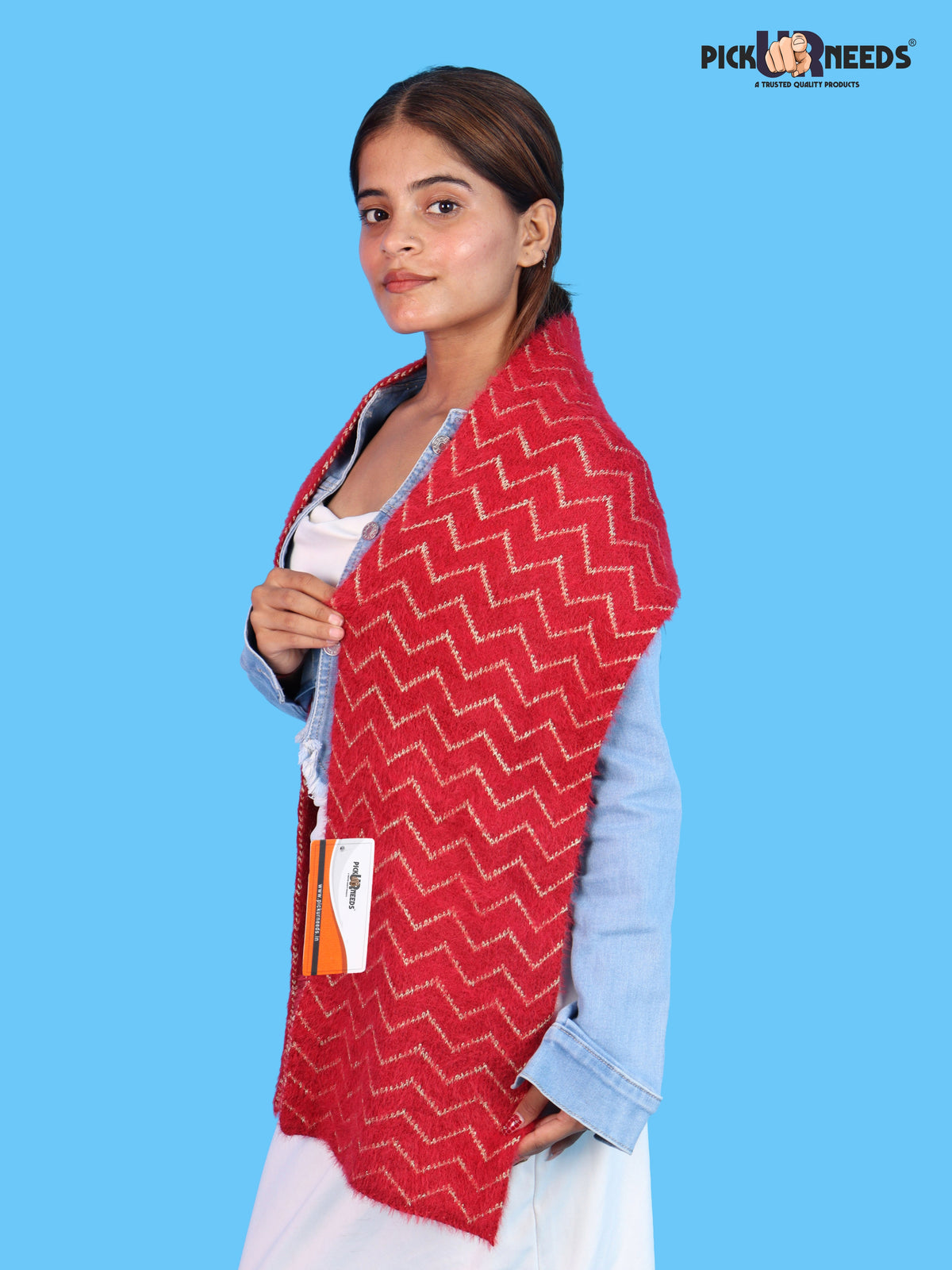 Pick Ur Needs Premium Woolen Winter Muffler with Gold Zigzag Pattern | Soft, Warm & Stylish Scarf for Women