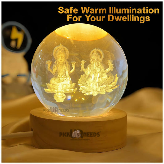 Pick Ur Needs 3D Galaxy Laxmi Ganesh Crystal Ball Night Light– Beech Wood Base– Decor for Home Night Lamp  (9.5 cm, Gold)