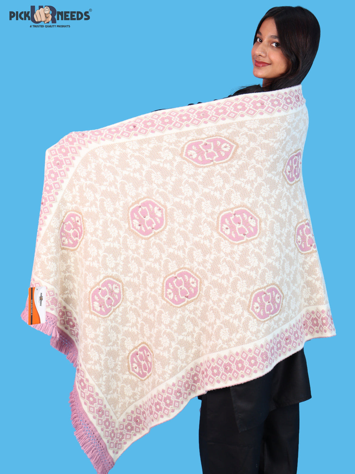 Pick Ur Needs Printed Women’s Woolen Shawl with Elegant Floral Pattern & Fur Border
