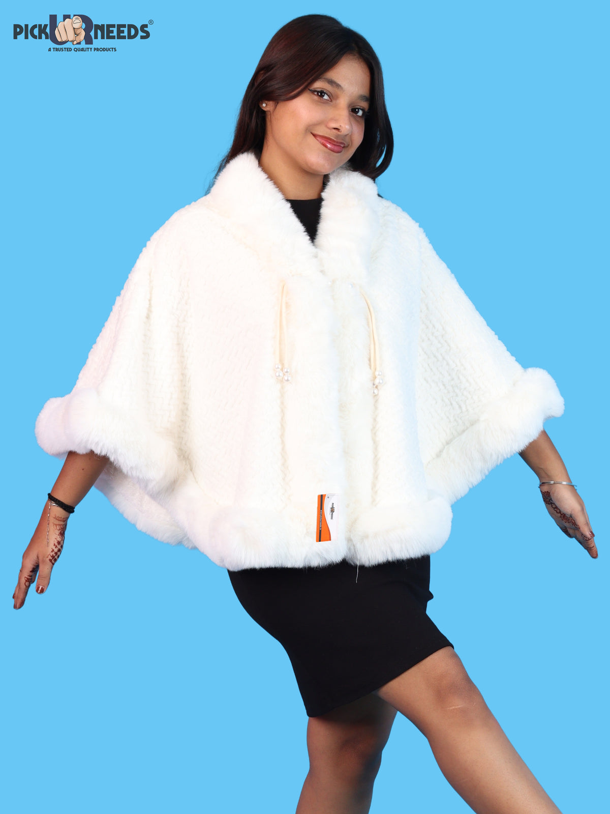 Pick Ur Needs Ladies Winter Shrug with Plush Fur Style Border & Pearl Bead Accents Textured Soft Fabric Open Front Cape Poncho with Wide Sleeves for Girls & Women