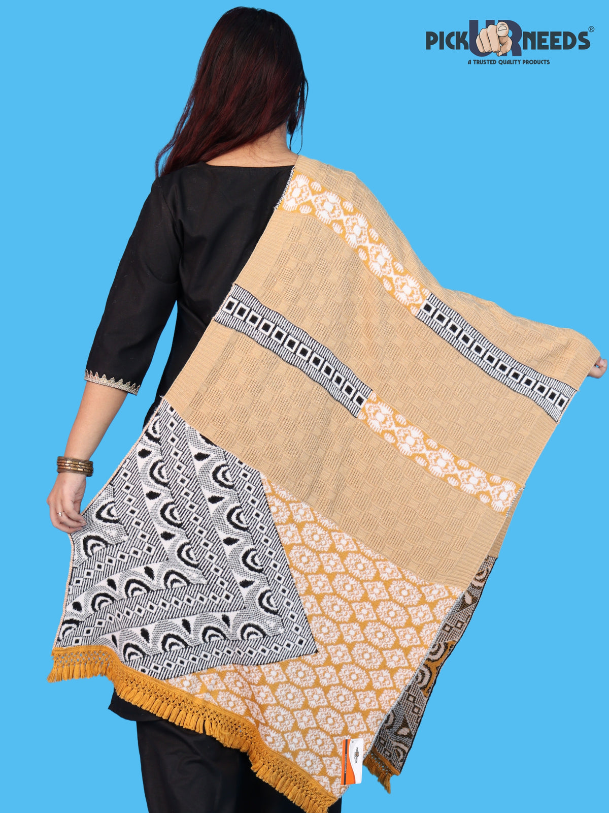 Pick Ur Needs Winter Girls & Womens Woolen Shawl, Soft Warm Printed Wrap with Elegant Pattern & Fringe Border