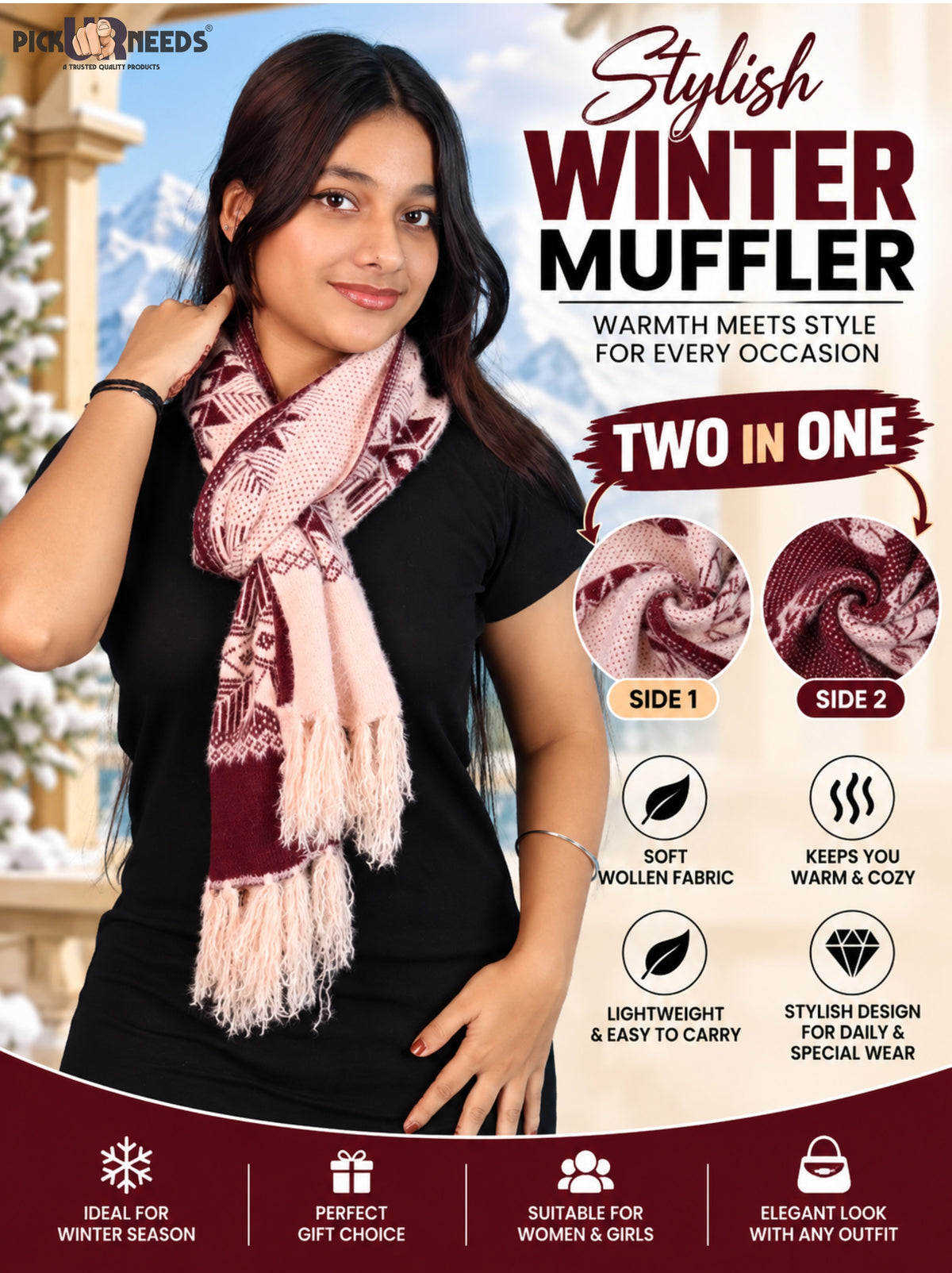 Pick Ur Needs Women & Girls Reversible Knitted Winter Muffler, Soft Warm Woollen Scarf with Geometric Pattern and Tassels, Lightweight Dual-Sided Winter Wrap