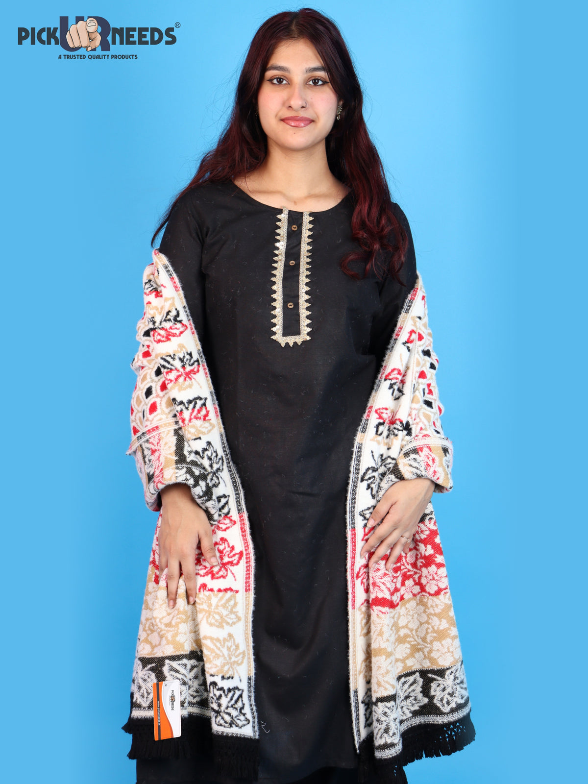 Pick Ur Needs Womens & Girls Winter Premium Shawl Floral Patterned Wool Blend Wrap with Decorative Border & Fringe Finish