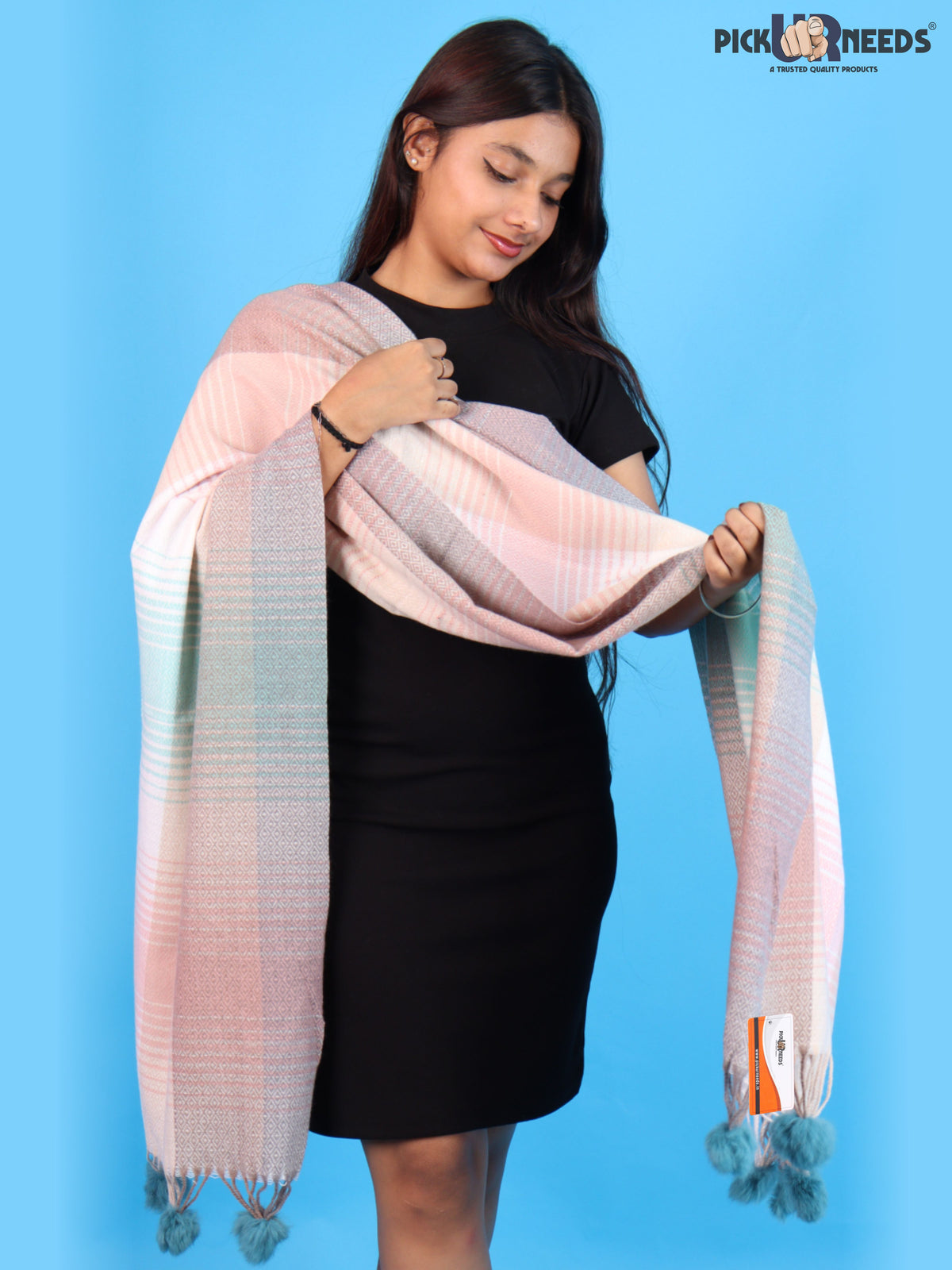 Pick Ur Needs Women & Girls Winter Shawl Soft Warm Striped Pattern Shawl with Tassel & Pom Pom Border Stylish Ladies Winter Wrap