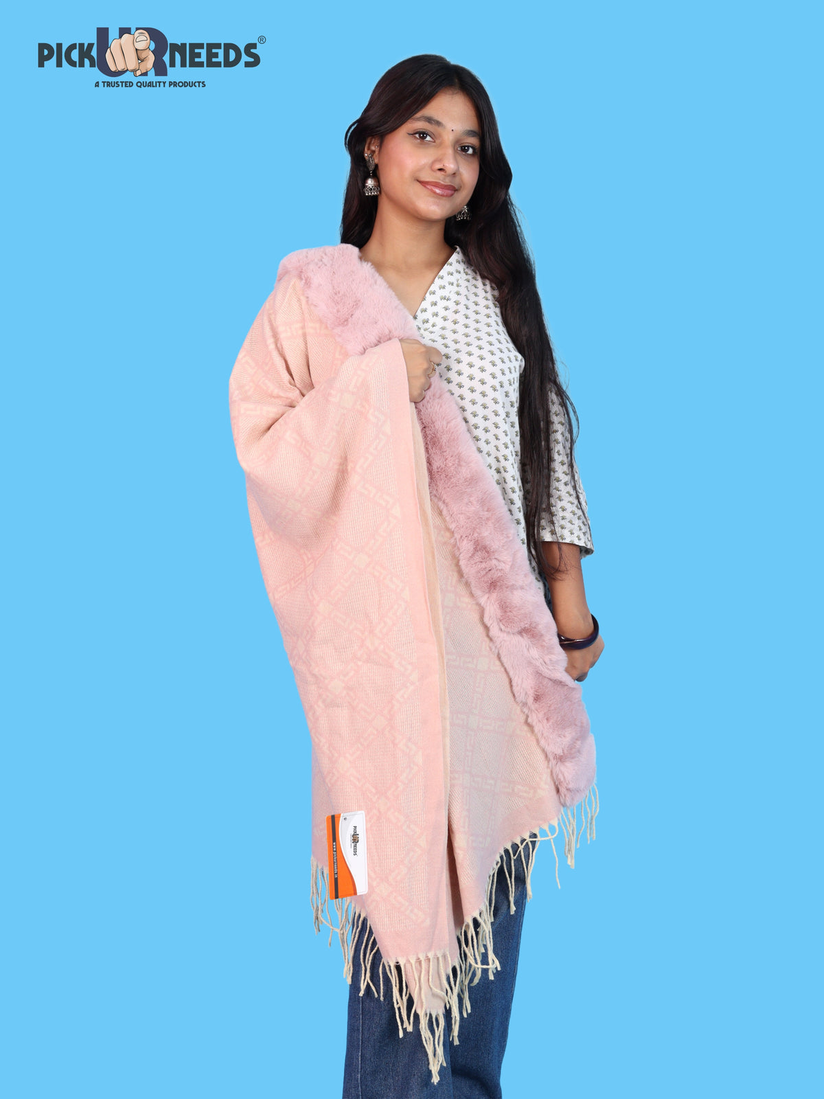 Pick Ur Needs Stylish Womens & Girls Winter Wear Shawl with Fur-Style Soft Warm Printed Wrap Stole with Fringes