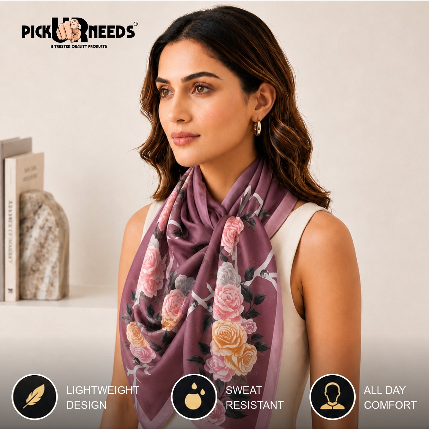 Pick Ur Needs Summer Silk Floral Printed Scarf for Womens & Girls Elegant Neck, Head & Shoulder Wrap Soft Lightweight Fashion Stole
