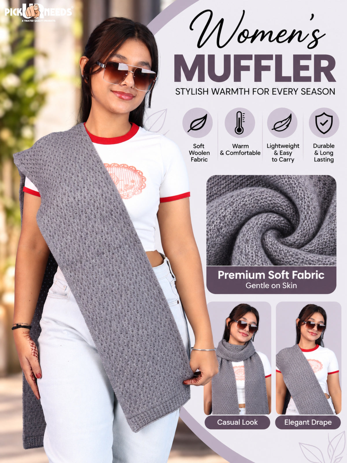 Pick Ur Needs Womens Soft Muffler Scarf, Lightweight Knitted Winter Stole, Warm & Cozy Long Neck Wrap for Women & Girls