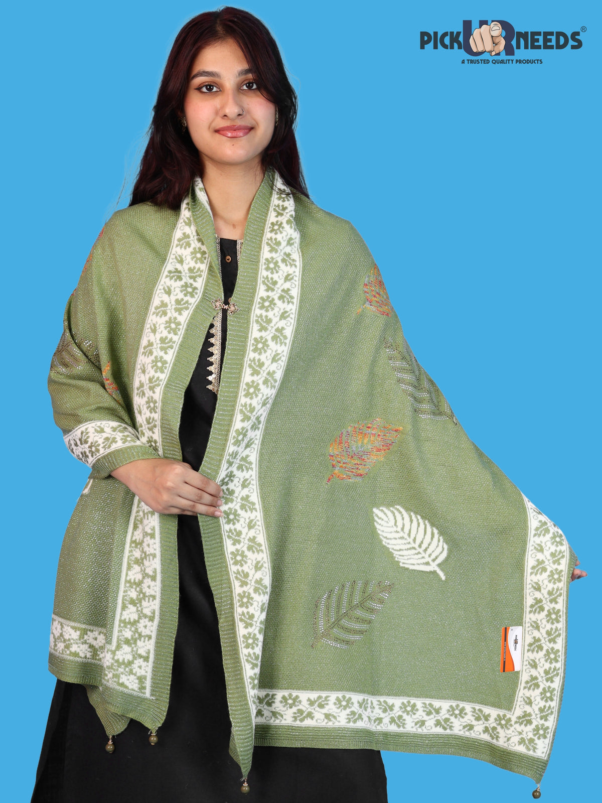 Pick Ur Needs Girls & Womens Winter Soft Lightweight Knitted Shawl with Leaf Design, Floral Border & Decorative Tassels