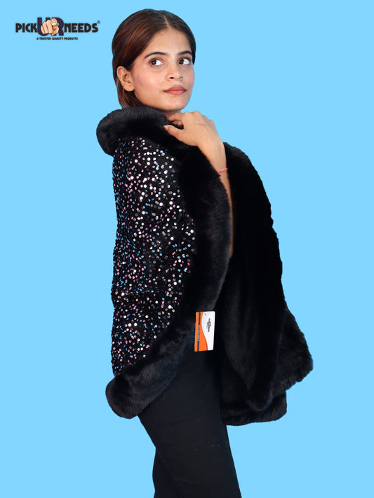 Visit the Pick Ur Needs Store Pick Ur Needs Luxury Sequin Faux Fur Shawl for Women Poncho & Winter Shrug Soft Warm Designer Wrap for Evening Parties